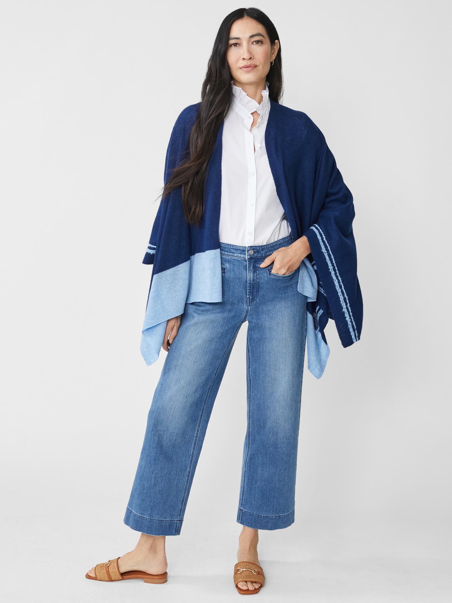J.McLaughlin Saara wrap in Navy/Light Blue made with Cashmere.