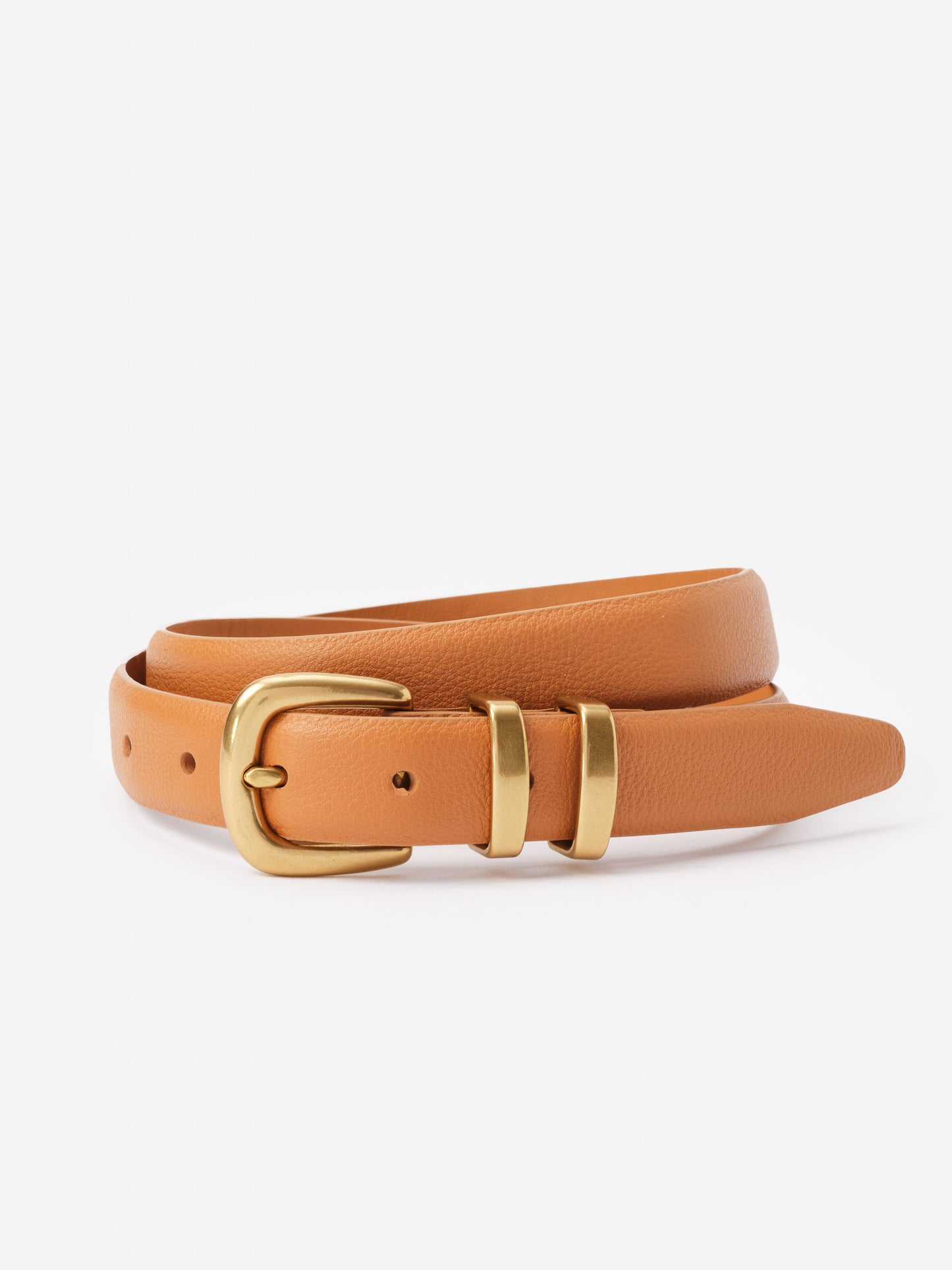 Khloe Leather Belt by J.McLaughlin features a classic tan leather design with gold-toned buckle accents, embodying effortlessly stylish and enduring designs, a destination for defining style. Life, Well-Lived.