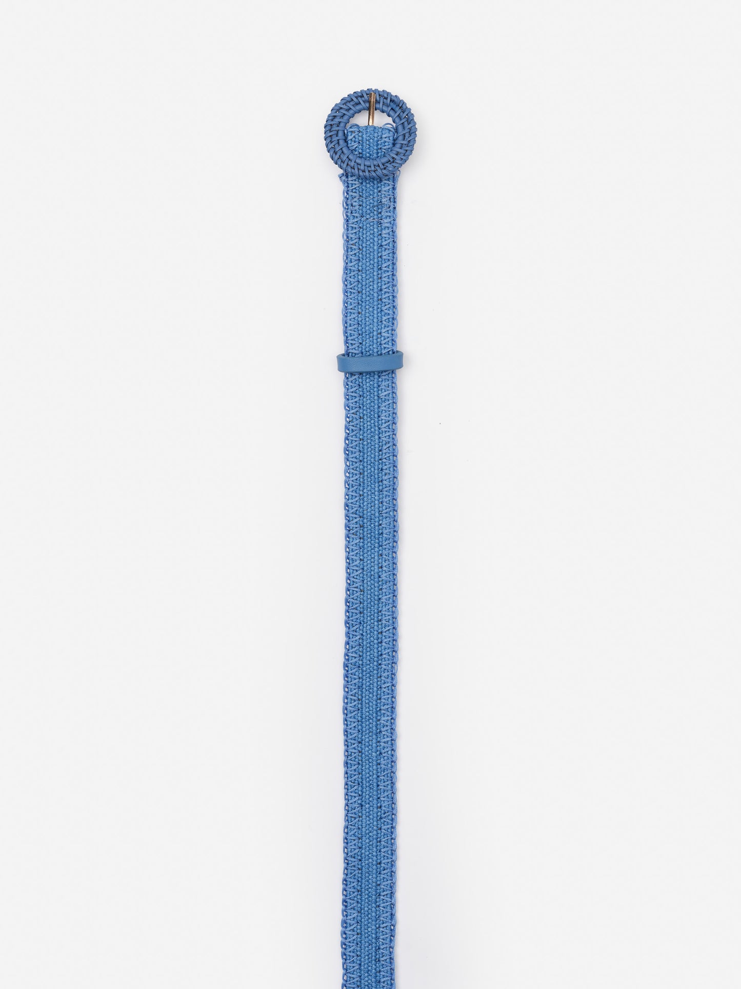 Mini Popie Grasscloth Belt by J.McLaughlin in blue, featuring a woven texture and a round buckle, effortlessly stylish with enduring designs and innovative fabrics for a legacy of timeless fashion. A destination for defining style. Life, Well-Lived.