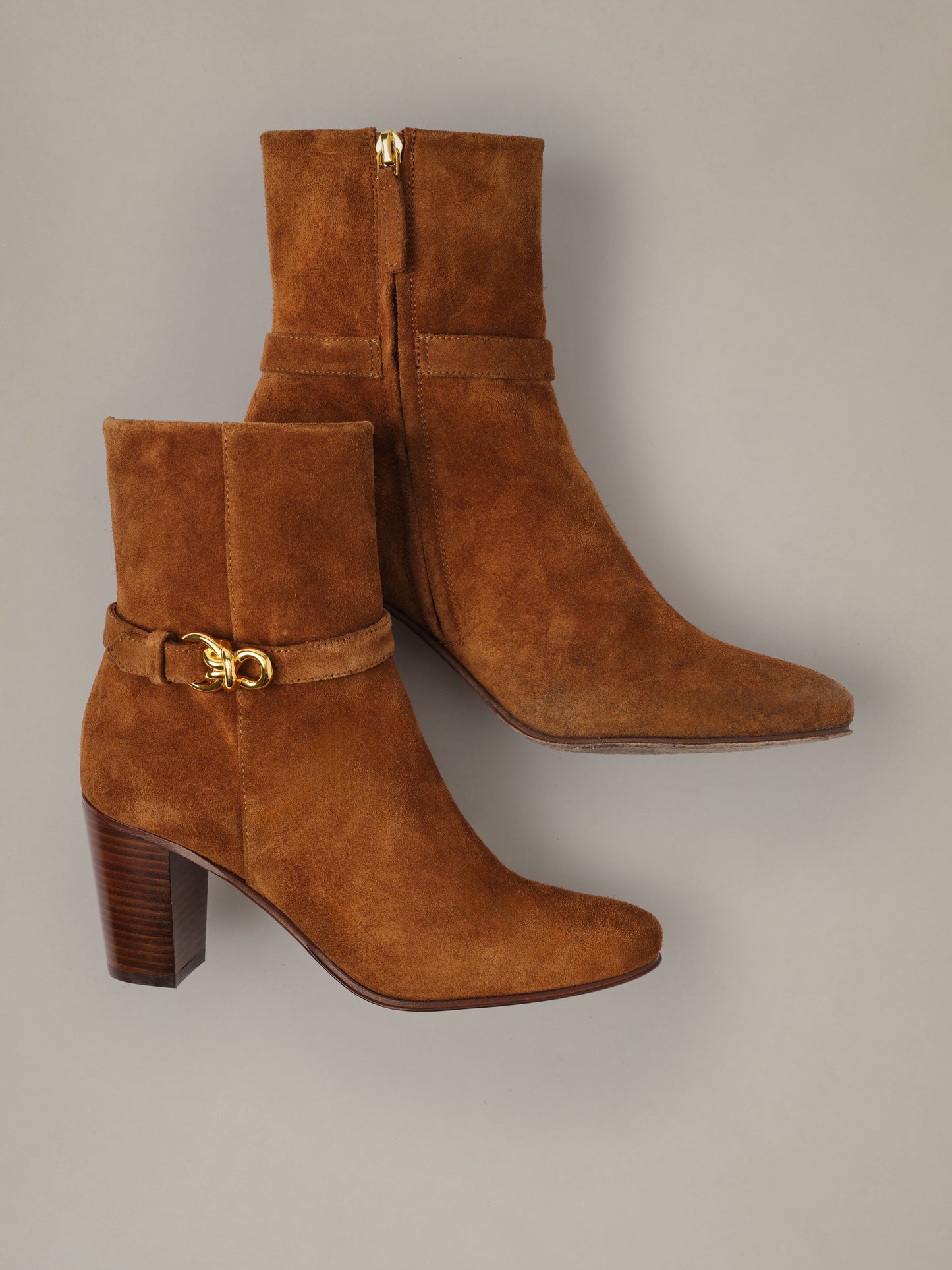 J.McLaughlin Elle Suede Ankle Boots in rich brown suede with stacked heels gold hardware and ankle height styling