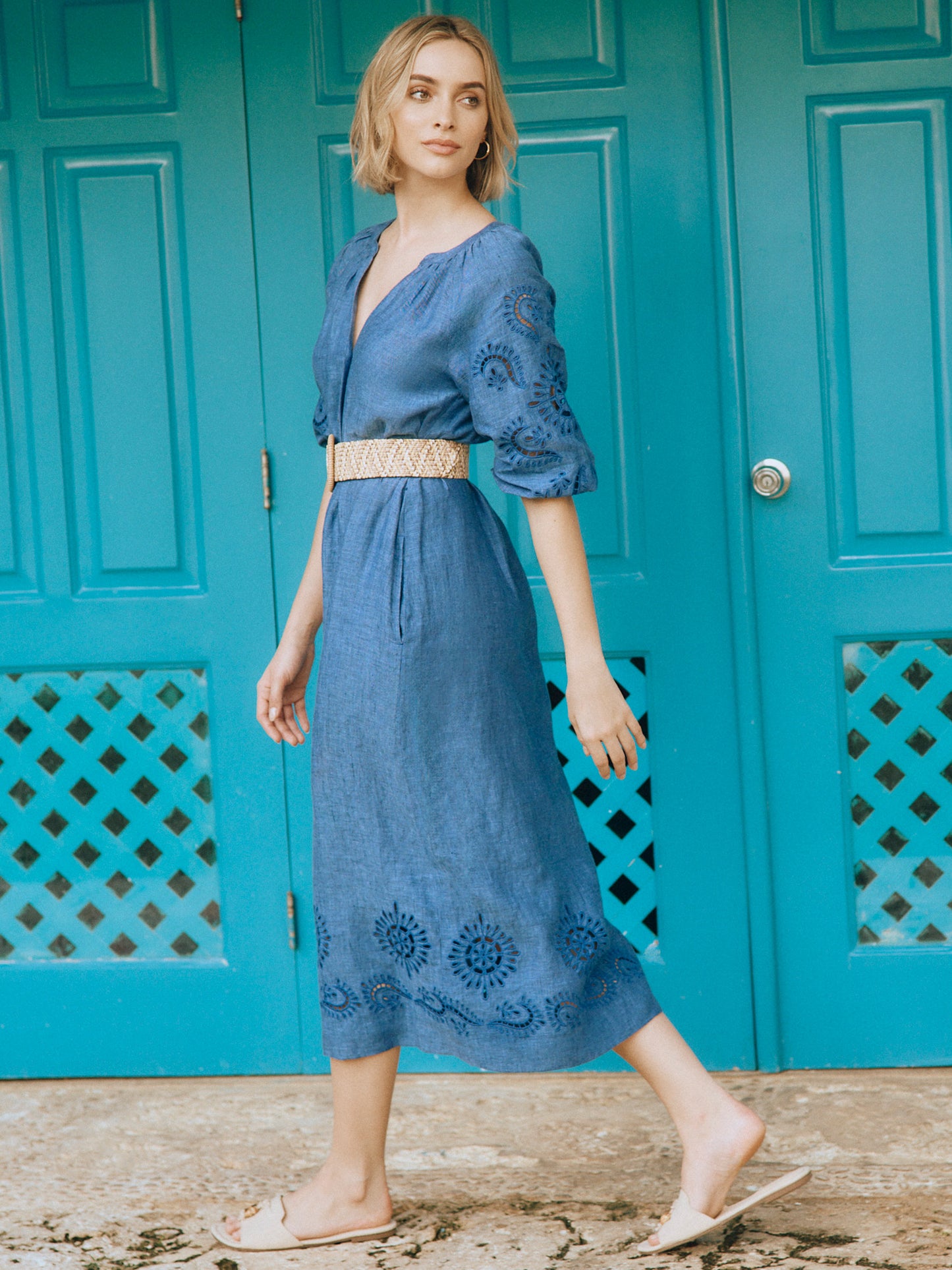 J.McLaughlin Charlota desss in denim blue made with linen.