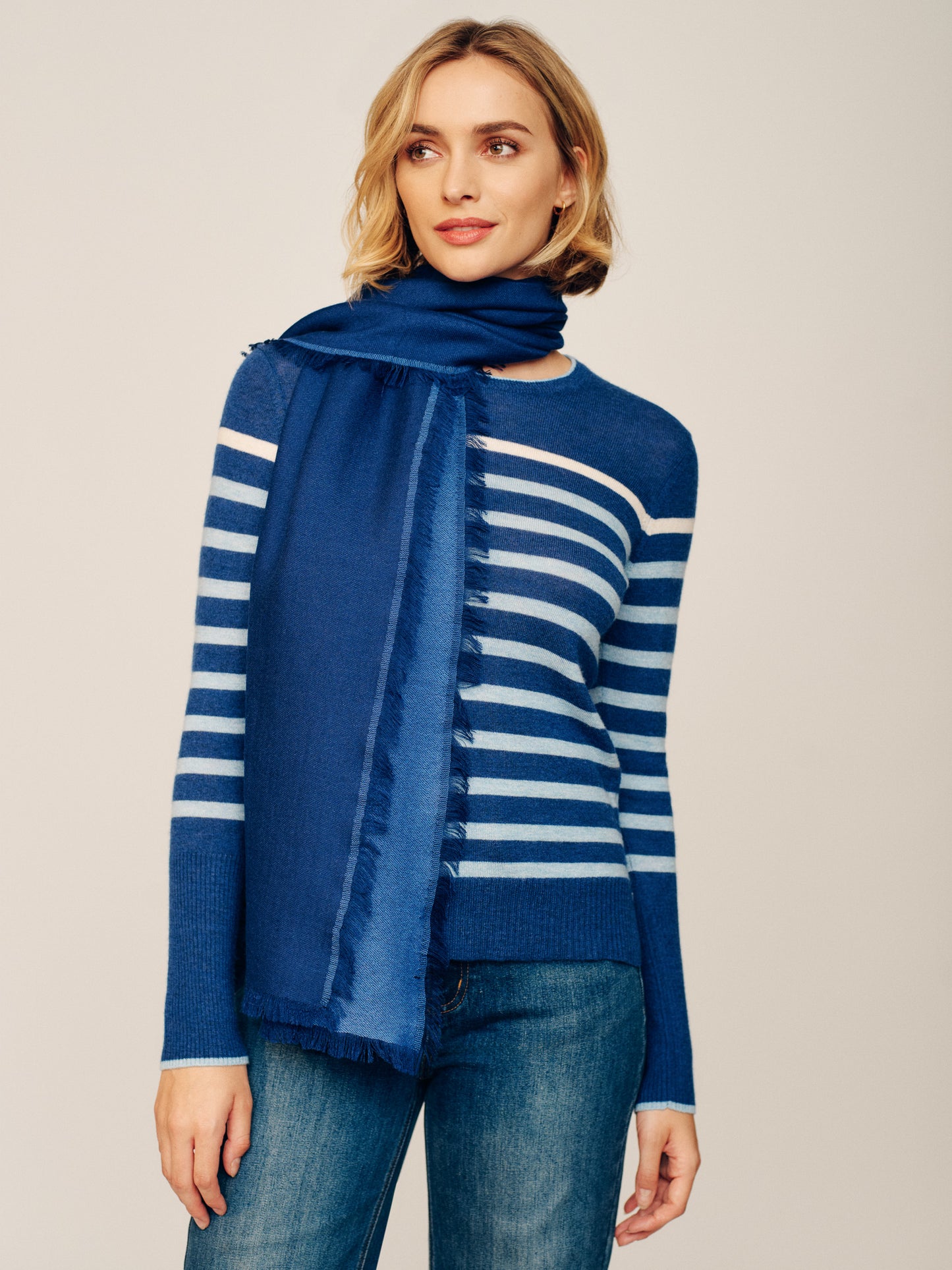 J.McLaughlin Carey scarf in navy/JMC blue made with cashmere.