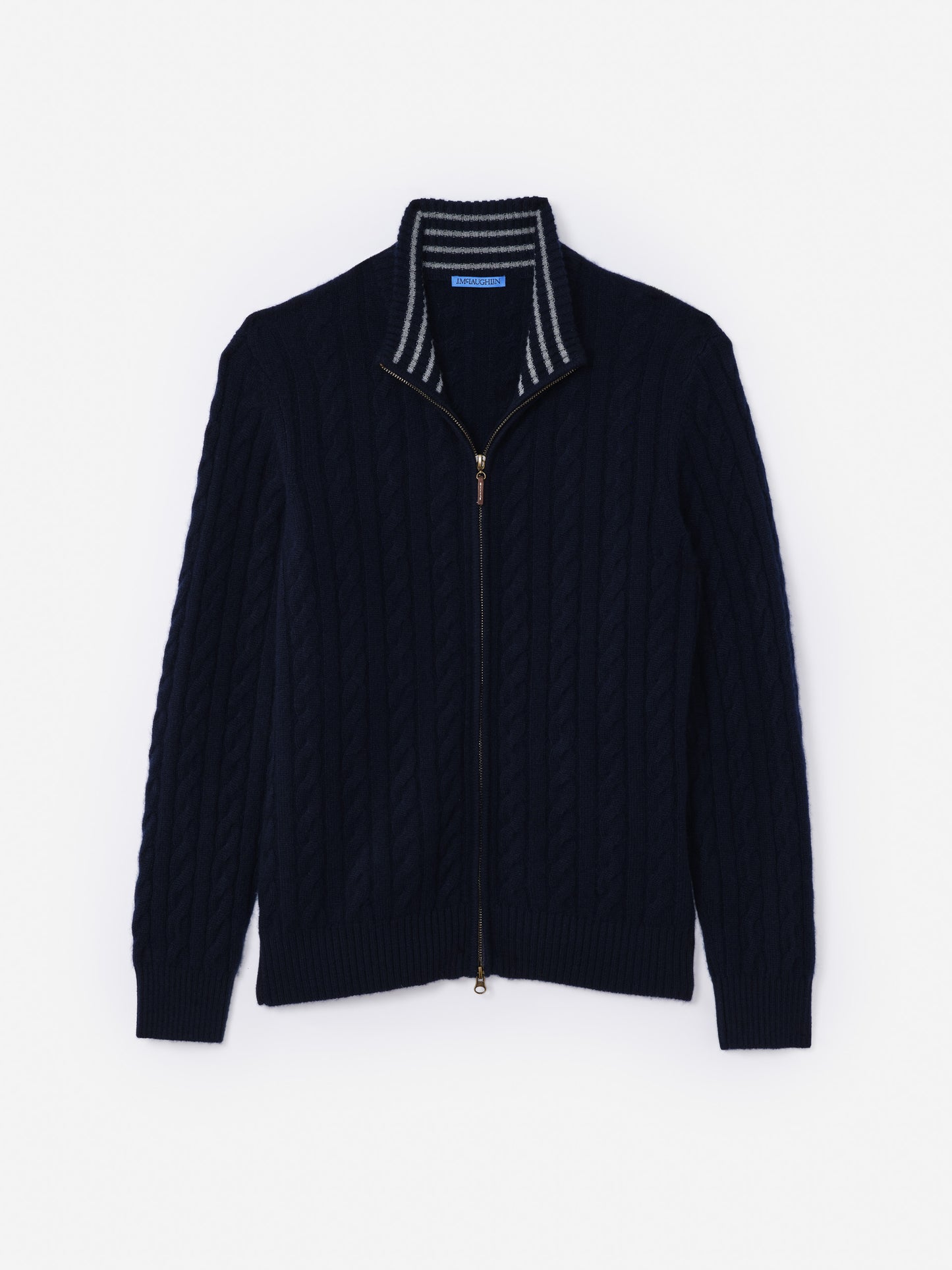 Lochside Cashmere Sweater by J.McLaughlin in deep navy with cable knit pattern, striped stand collar, and full zip, combining effortless style and enduring designs.