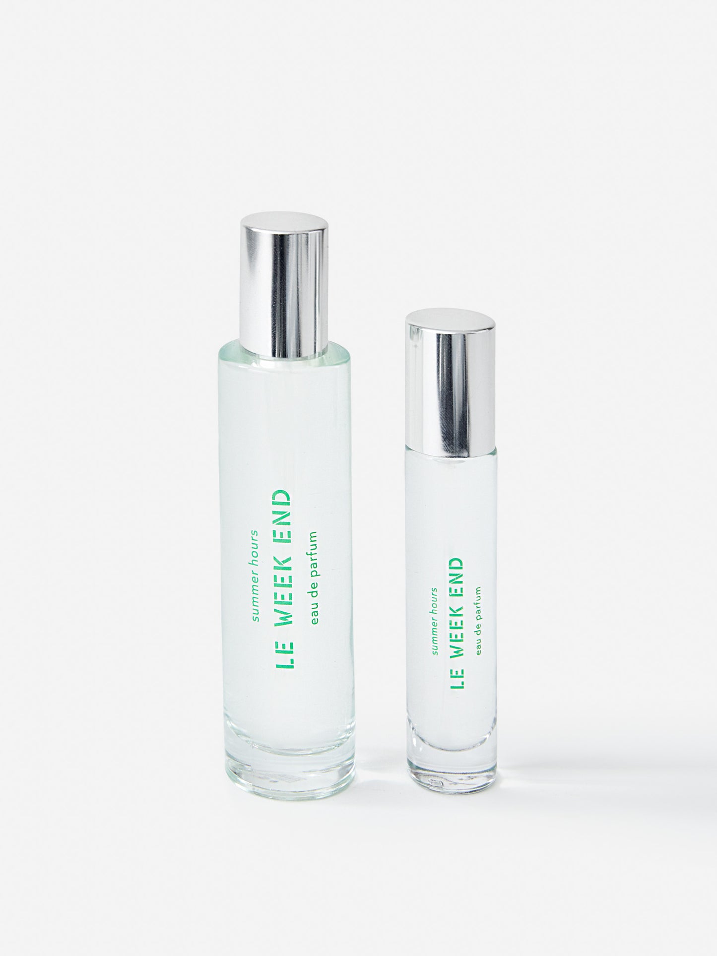 J.McL x Summer Hours Le Week End 50 mL Fragrance in green made with alcohol and water.