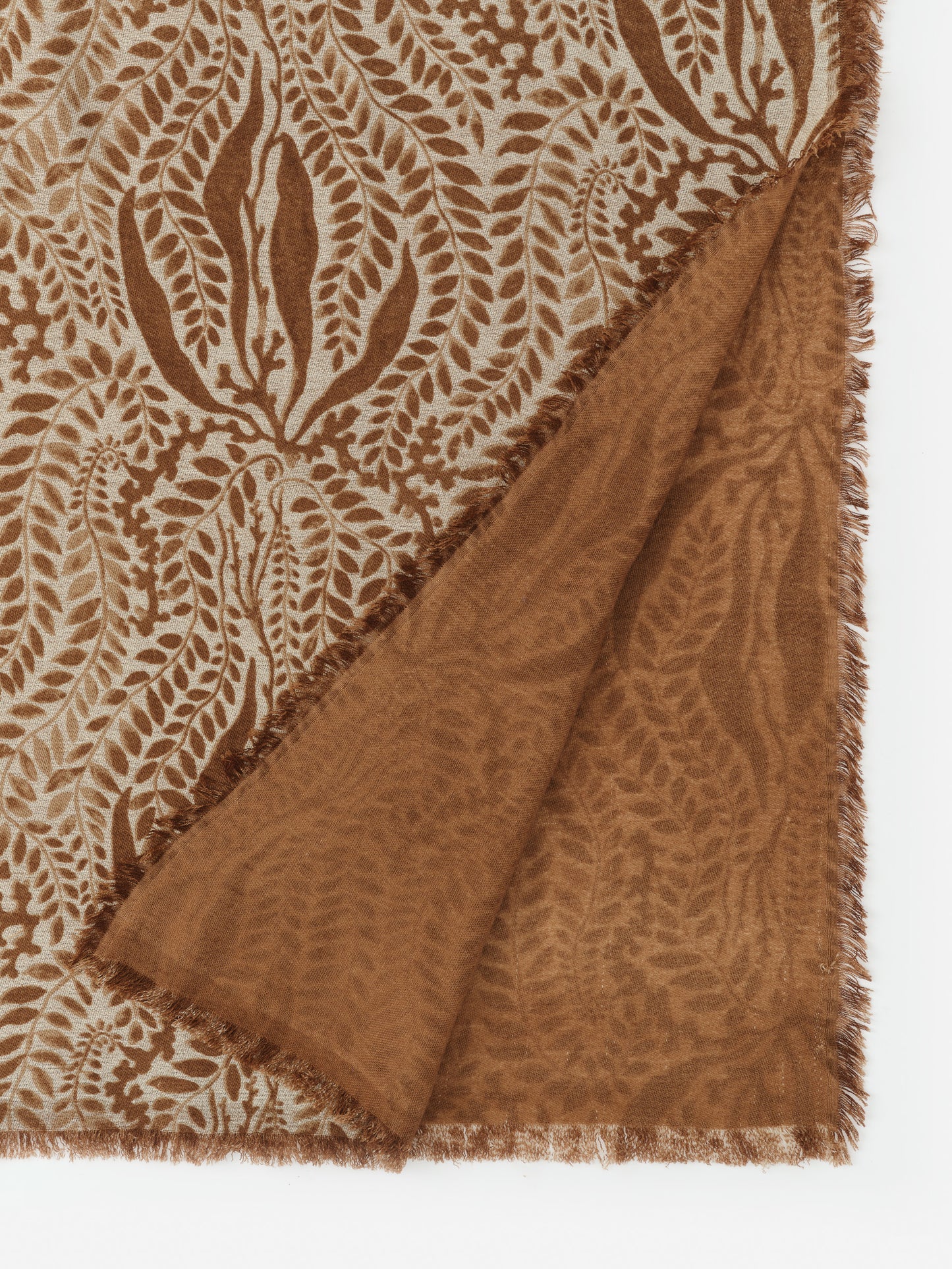 Carey Cashmere Scarf in Coral Current Shawl by J.McLaughlin features an effortlessly stylish design with intricate leaf patterns in warm brown tones, showcasing enduring designs and innovative fabrics. A destination for defining style. Life, Well-Lived.