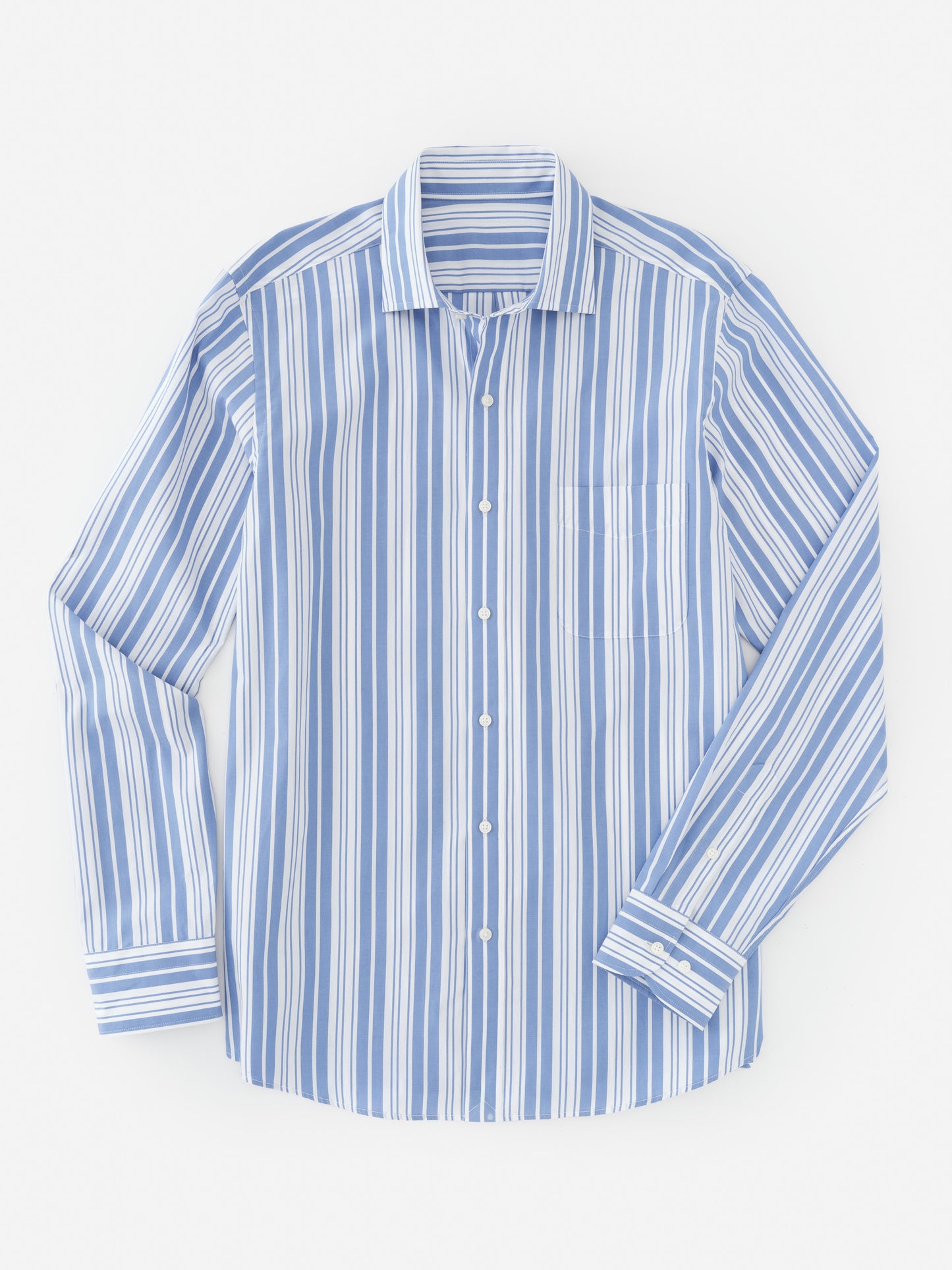 Light blue and white Gramercy Cotton Shirt in Varigated Stripe by J.McLaughlin, featuring effortlessly stylish, enduring designs and innovative fabrics for a legacy of timeless fashion. A destination for defining style. Life, Well-Lived.