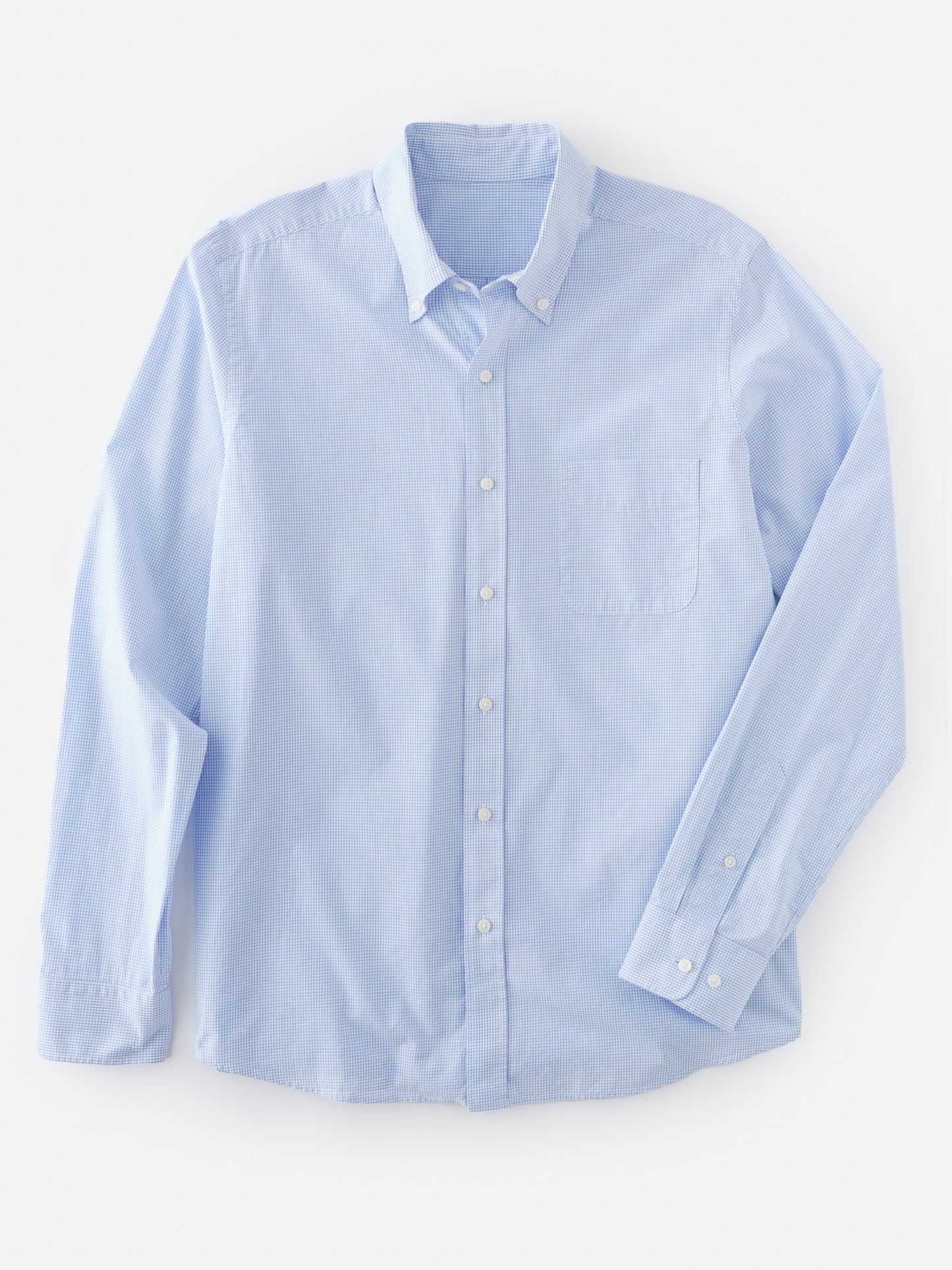 Belvedere Cotton Shirt in Graphic Check by J.McLaughlin in a soft blue tone, showcasing effortlessly stylish, enduring designs with innovative fabrics for a legacy of timeless fashion. A destination for defining style. Life, Well-Lived.