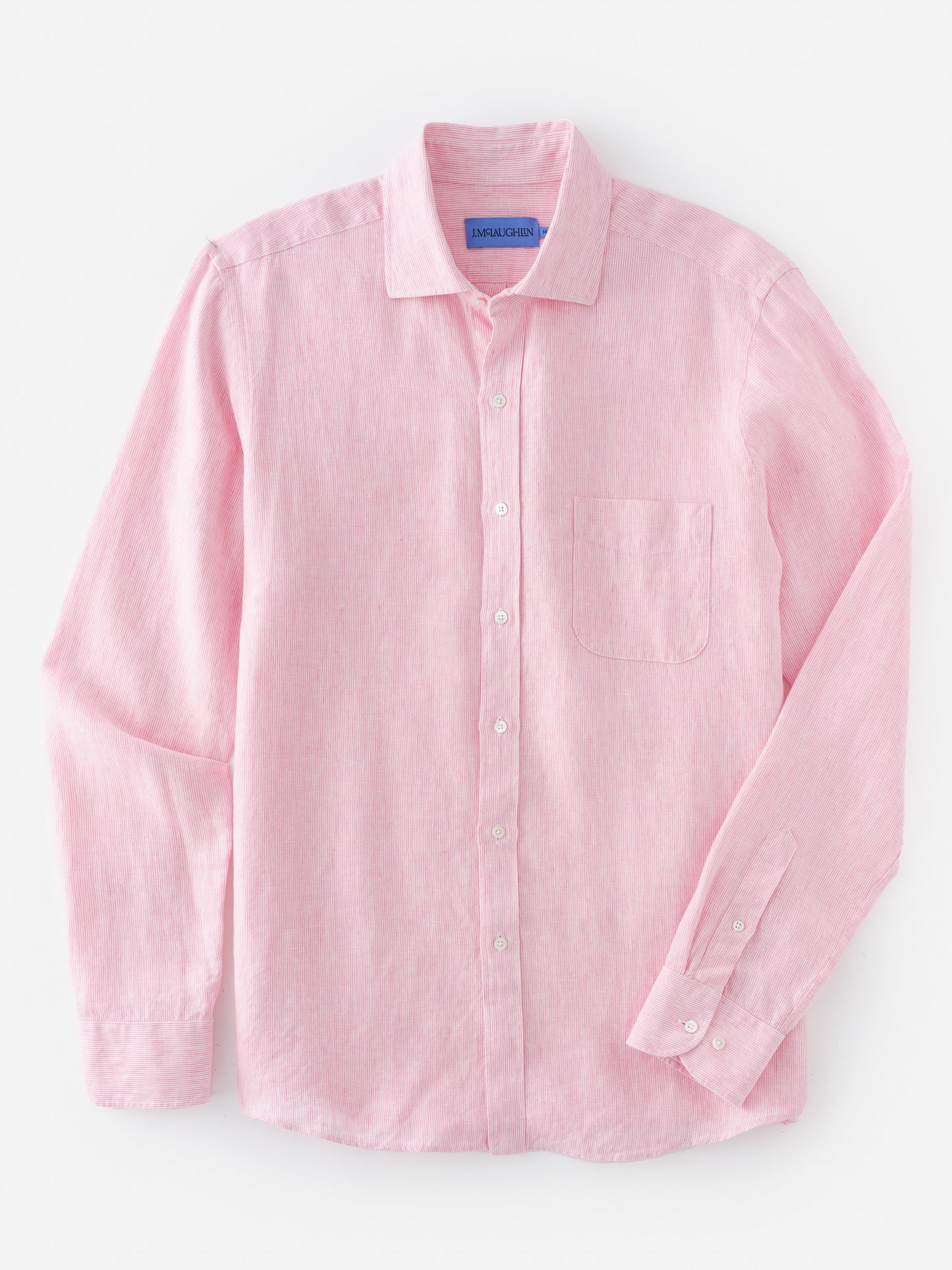 Gramercy Linen Shirt in Hairline Stripe by J.McLaughlin, an effortlessly stylish pink linen shirt showcasing enduring designs and innovative fabrics for a legacy of timeless fashion. A destination for defining style. Life, Well-Lived.