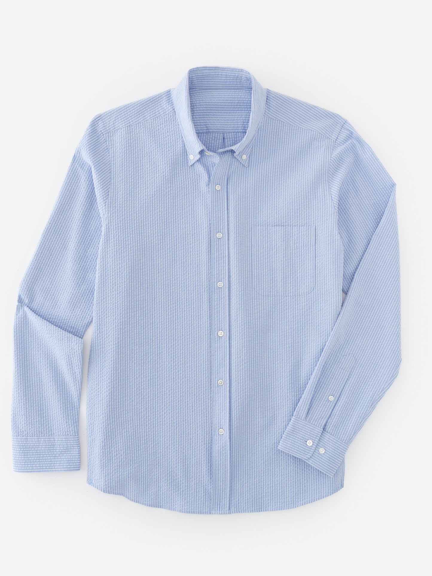 Light blue Belvedere Cotton Seersucker Shirt in Stripe by J.McLaughlin featuring a button-down collar and chest pocket, combining effortlessly stylish design with enduring fabrics.