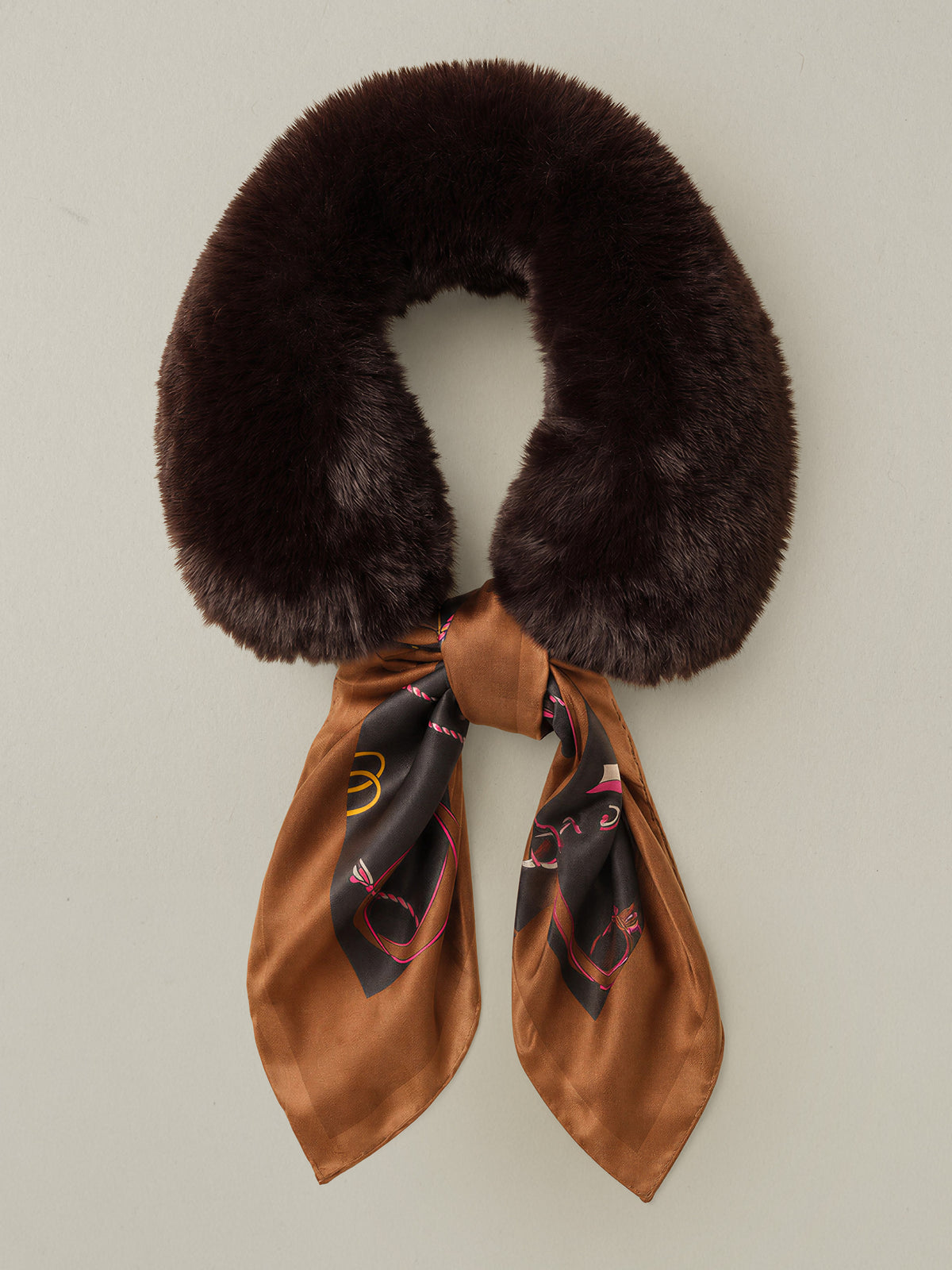 Camille Faux Fur Neckwarmer in Neo Sinclair Square by J.McLaughlin featuring a plush dark brown faux fur collar and draped archival inspired silk scarf
