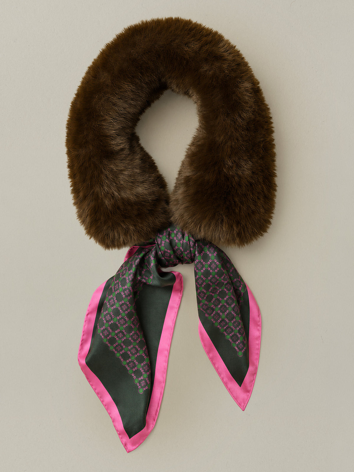Camille Faux Fur Neckwarmer in Regent Chainlink Square by J.McLaughlin featuring a brown faux fur collar and pink trimmed patterned silk scarf tails