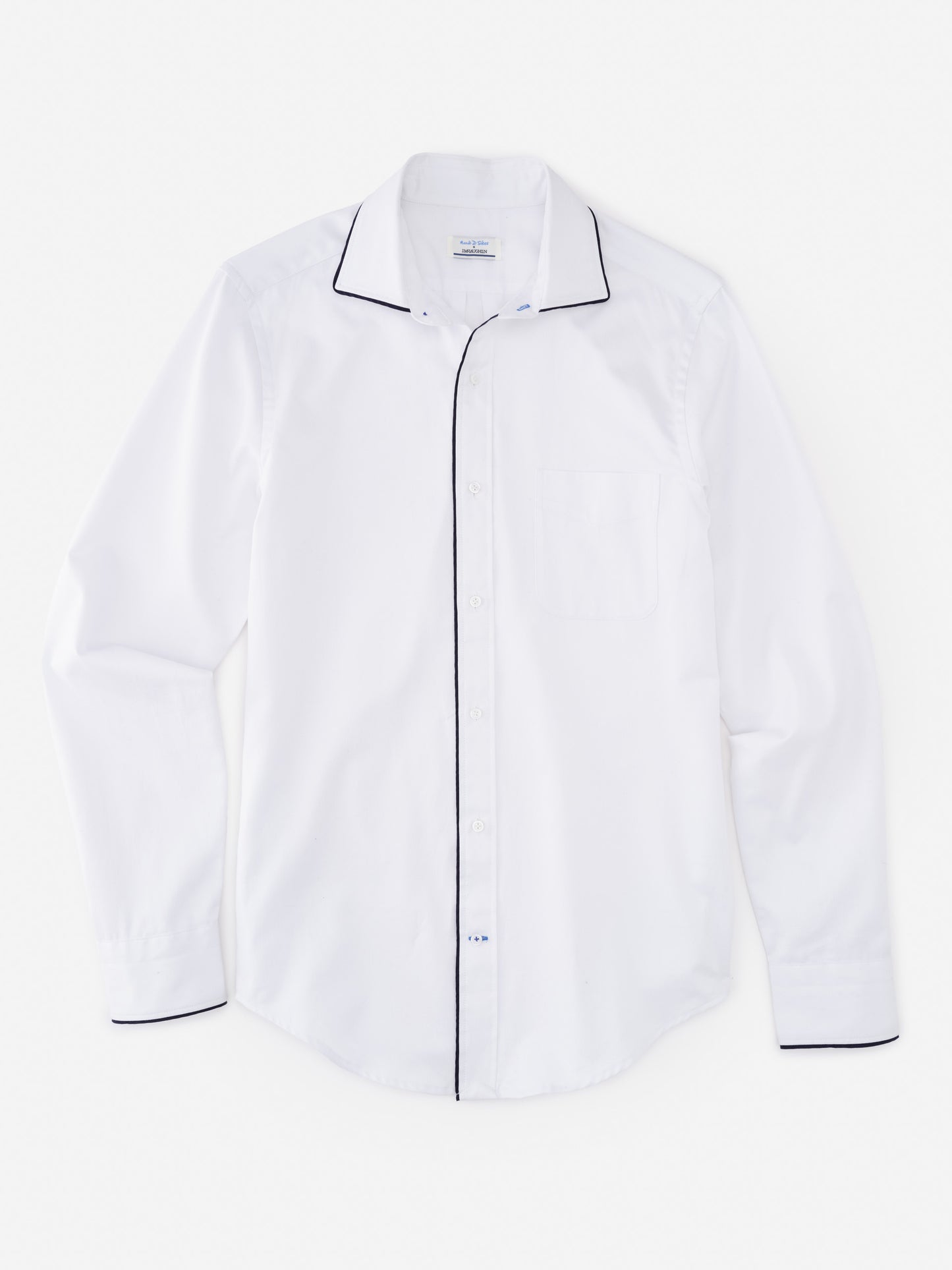Anderson Cotton Shirt by J.McLaughlin in white with black piping, showcasing effortlessly stylish, enduring designs crafted from innovative fabrics—a destination for defining style. Life, Well-Lived.