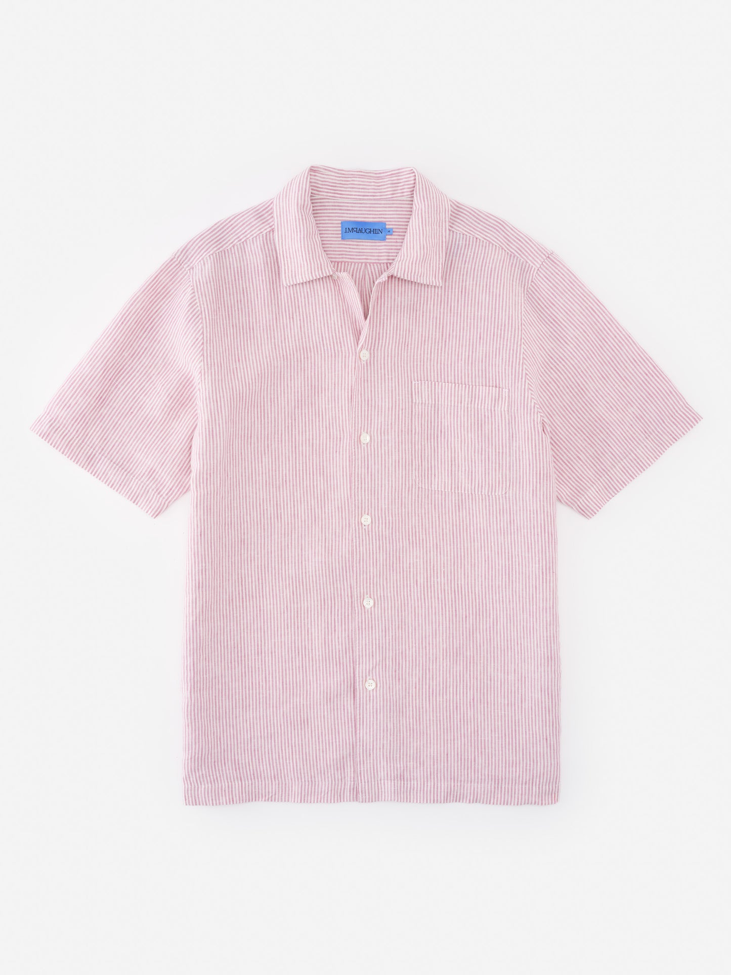 Montauk Linen Shirt in University Stripe by J.McLaughlin, featuring effortlessly stylish linen fabric with thin red stripes, designed for enduring comfort and timeless appeal.