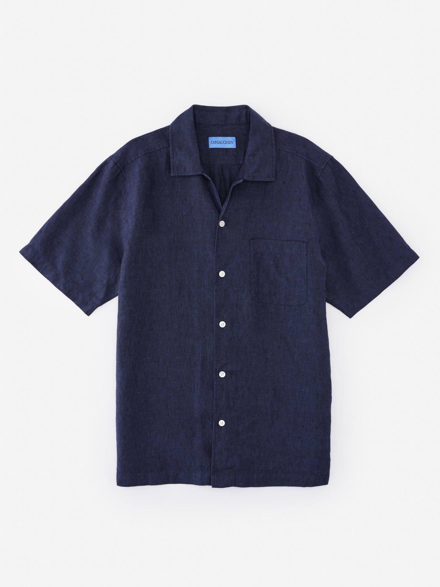 Montauk Linen Shirt by J.McLaughlin in deep navy, featuring a classic short-sleeve design crafted from innovative linen fabric for effortlessly stylish, enduring designs in timeless fashion.