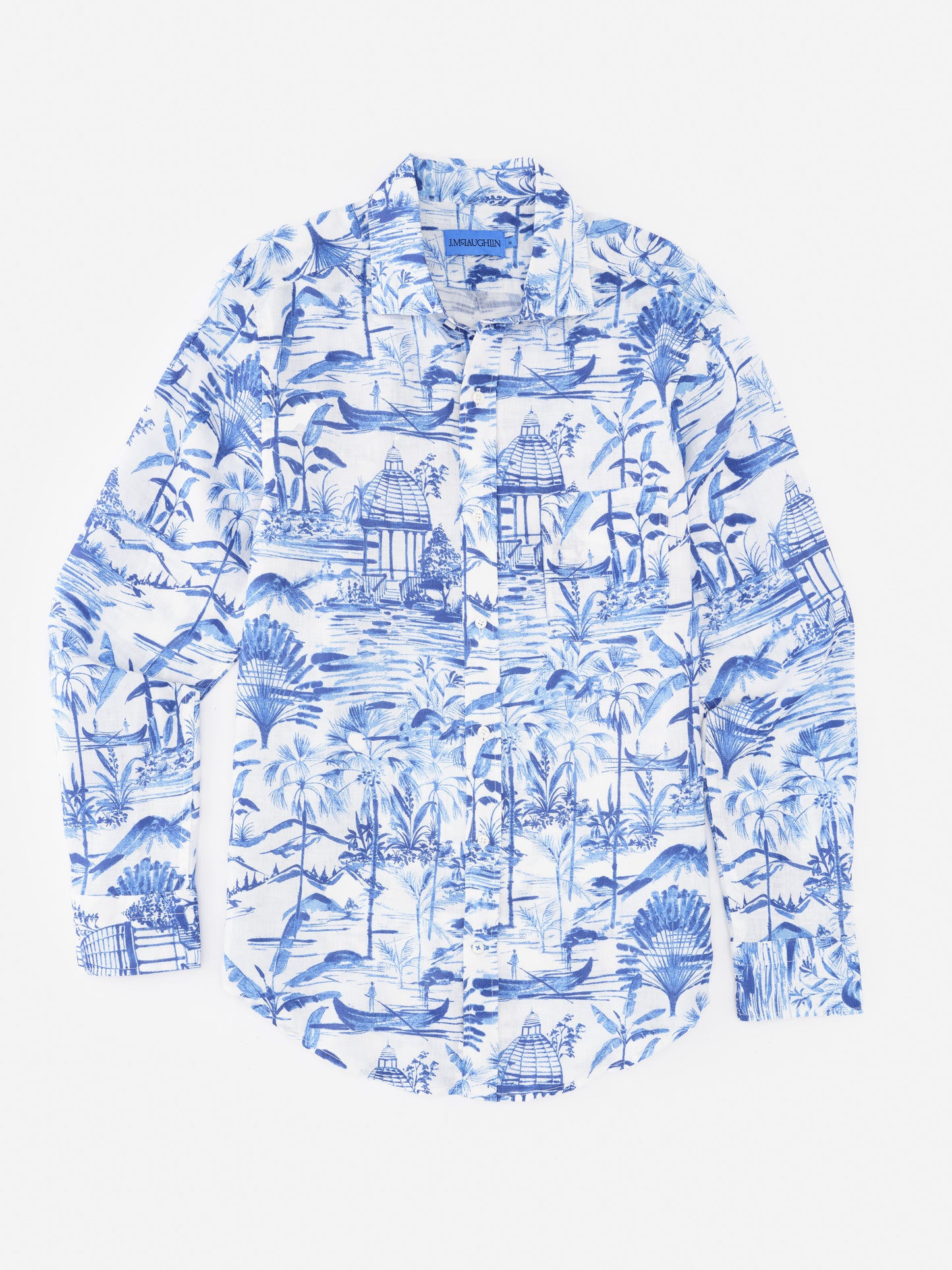 Gramercy Linen Shirt in Mini Seaforth by J.McLaughlin features a refined blue and white scenic print, crafted from innovative fabrics for effortlessly stylish, enduring designs. A destination for defining style. Life, Well-Lived.
