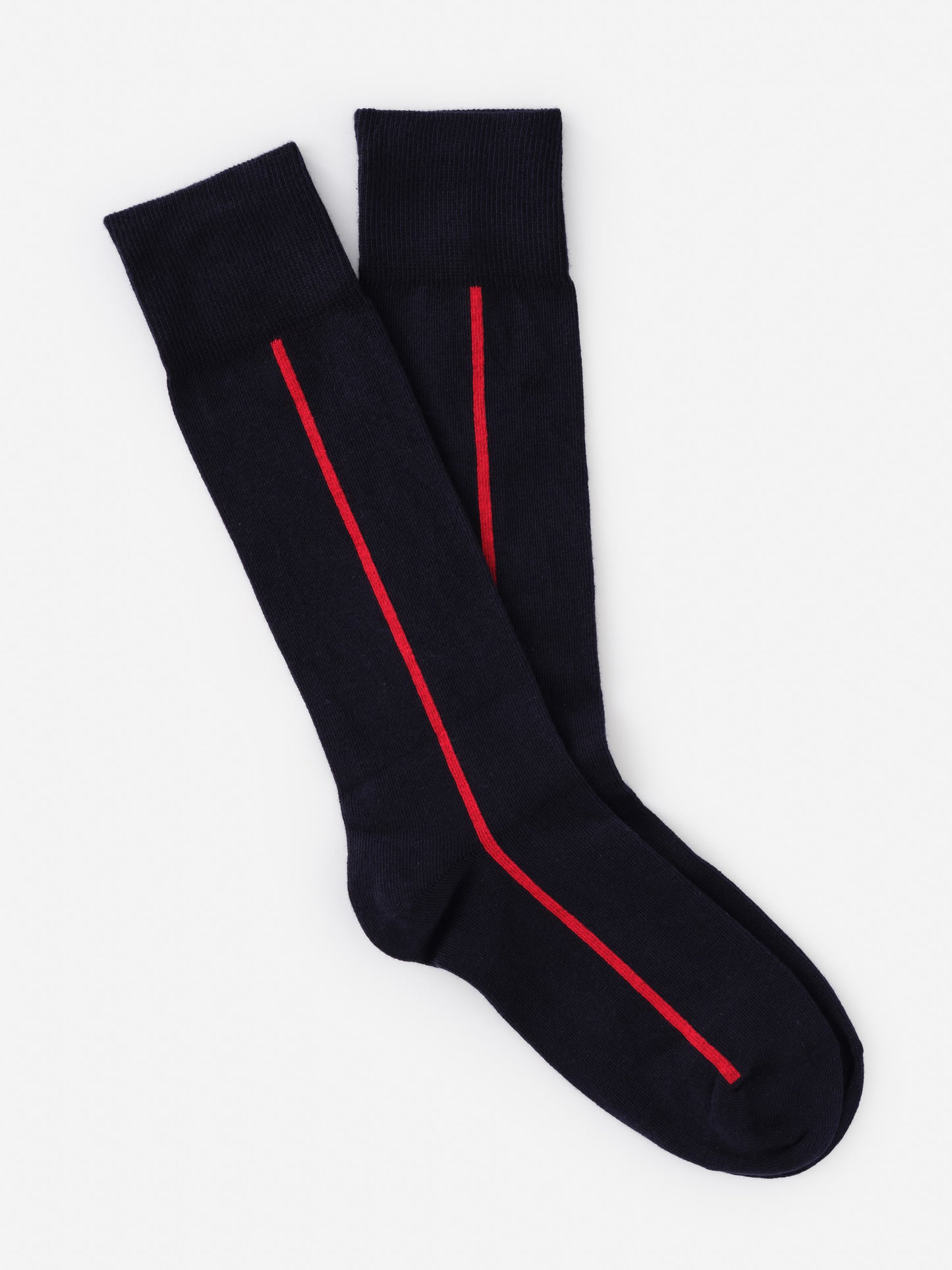 Pair of navy blue Socks in Line by J.McLaughlin featuring a sleek red stripe, combining effortlessly stylish design and innovative fabrics for a legacy of timeless fashion. A destination for defining style. Life, Well-Lived.