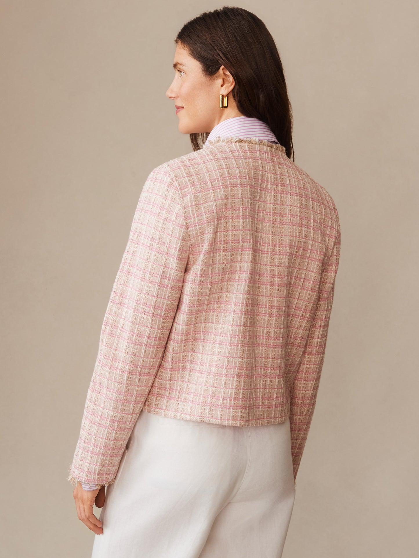 Woman wearing the Abigail Bouclé Jacket in Mini Window Pane by J.McLaughlin, featuring innovative fabrics and effortlessly stylish, enduring designs perfect for a destination for defining style. Life, Well-Lived.