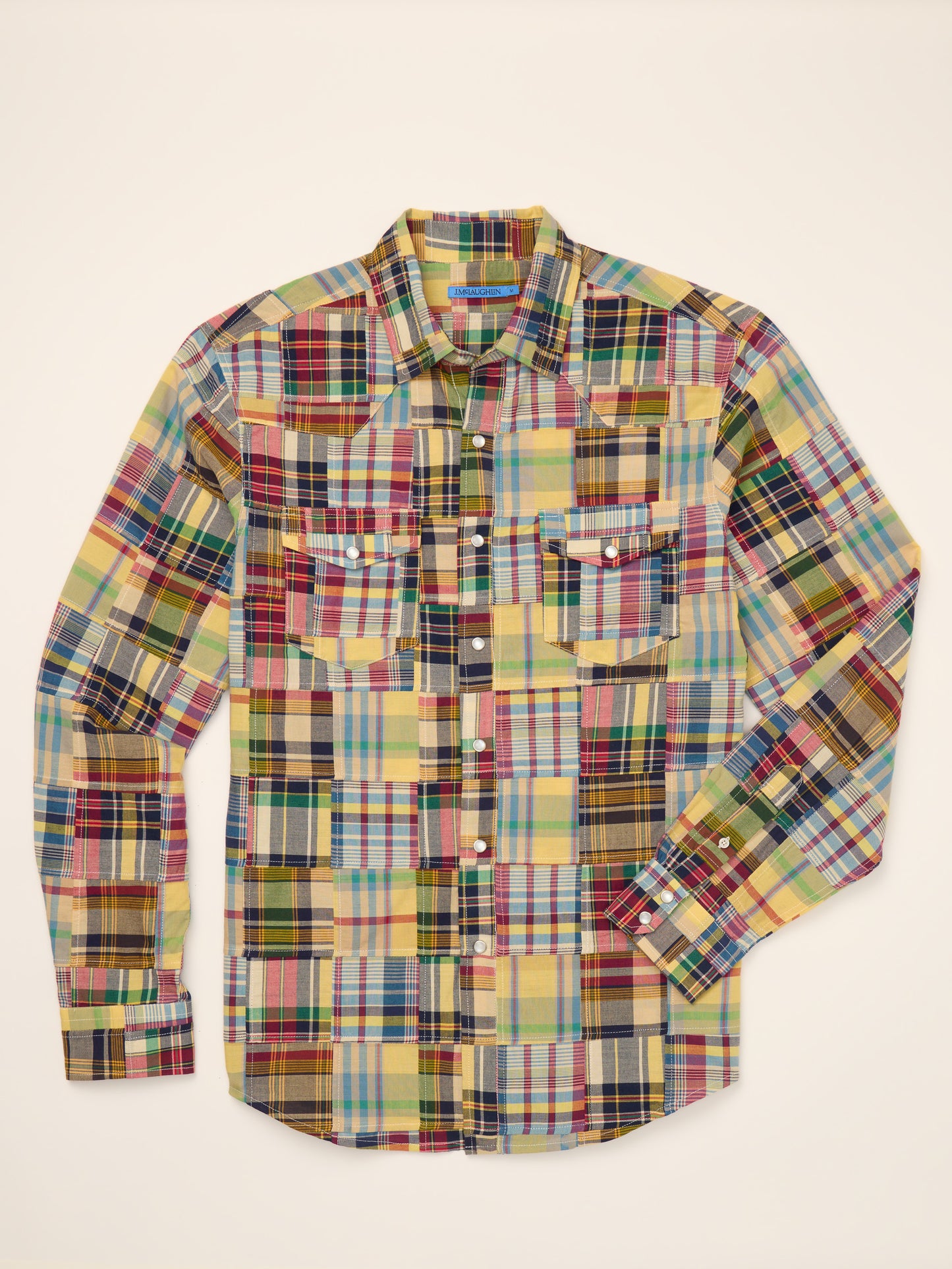J.McLaughlin Ace high woven shirt in yellow/blue/red made with cotton.