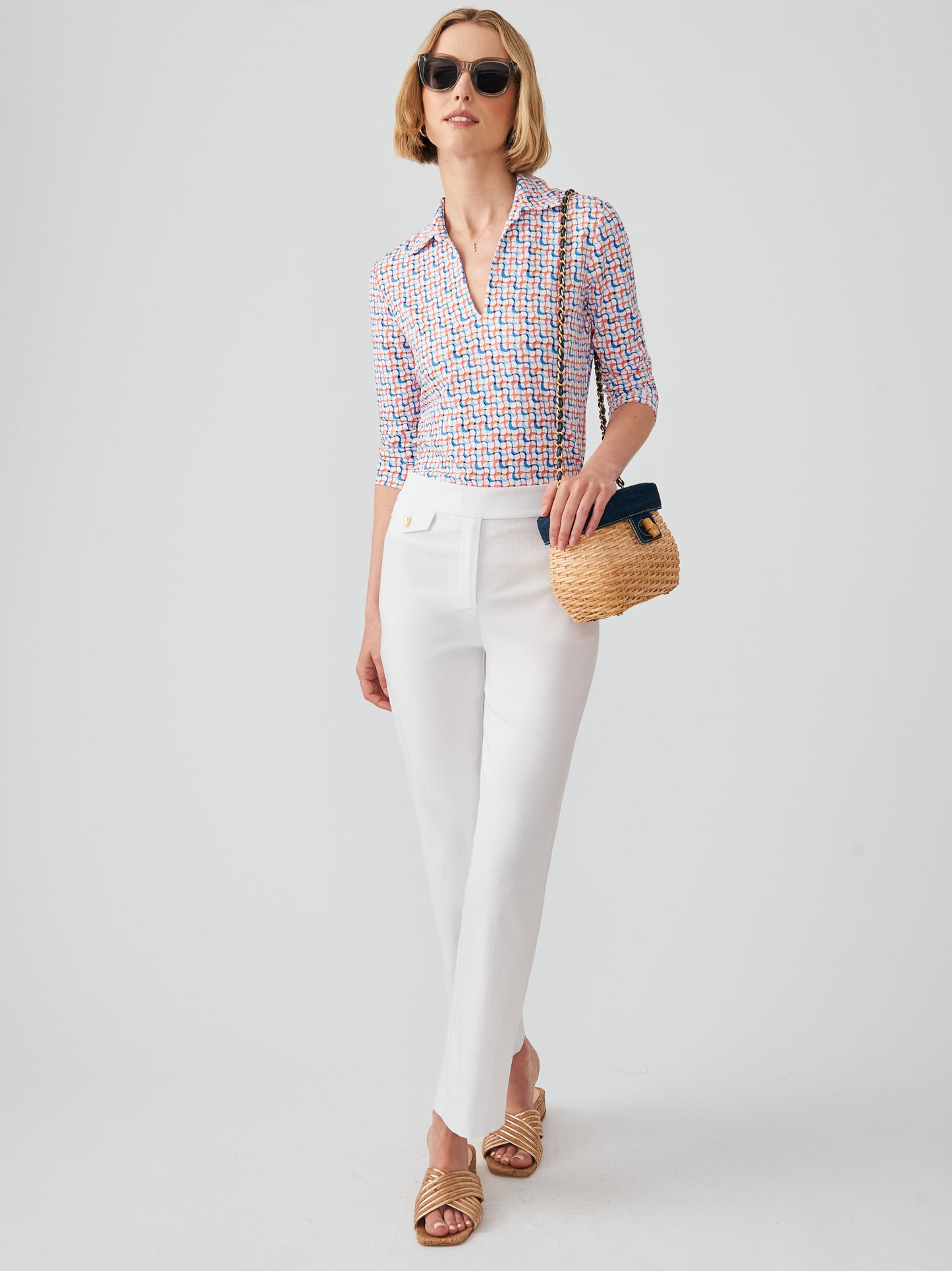 J.McLaughlin Aida 3/4 sleeve top in white/multi made with catalina cloth.