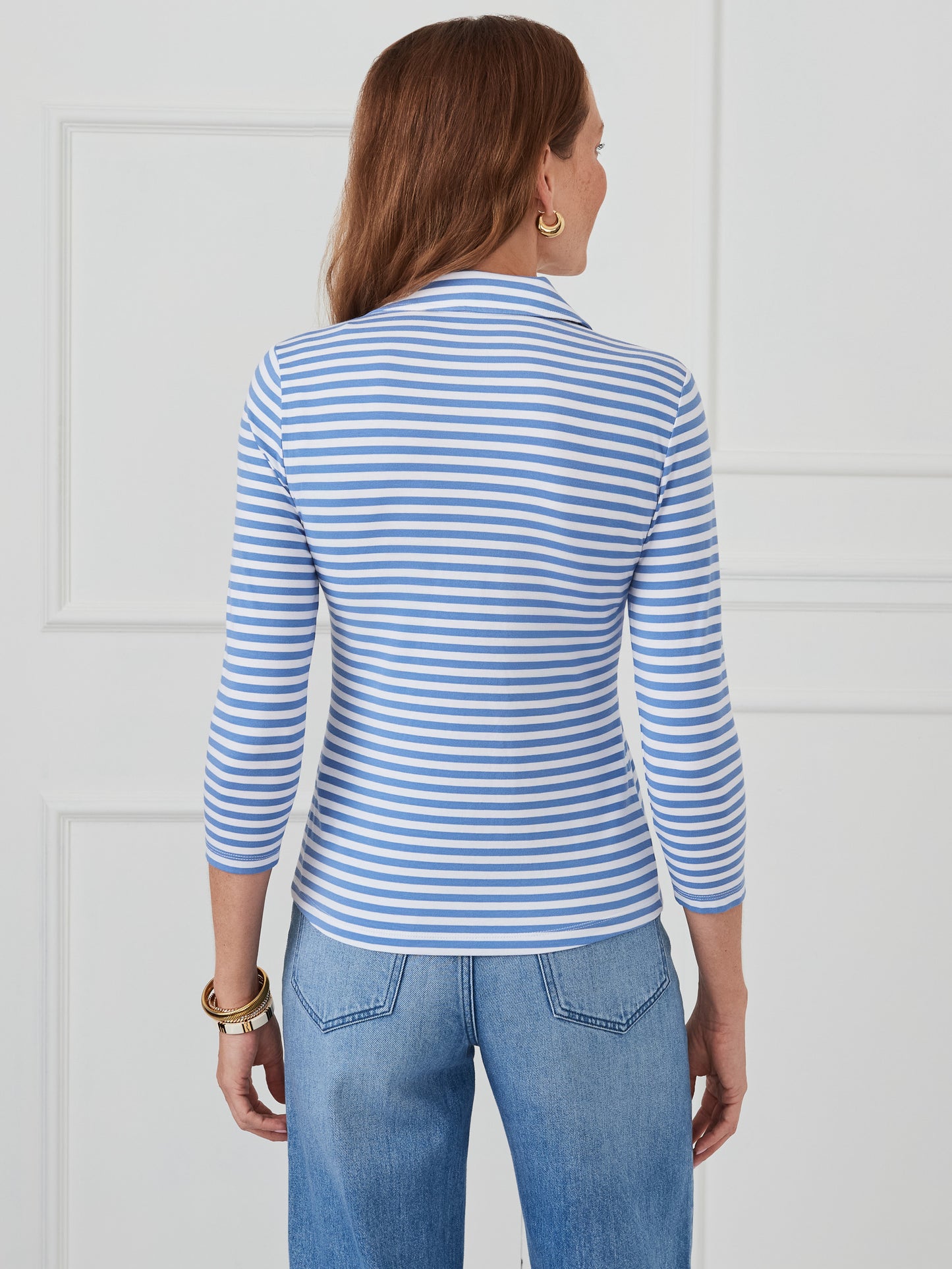 J.McLaughlin Aida top in white/blue made with cotton modal knit.