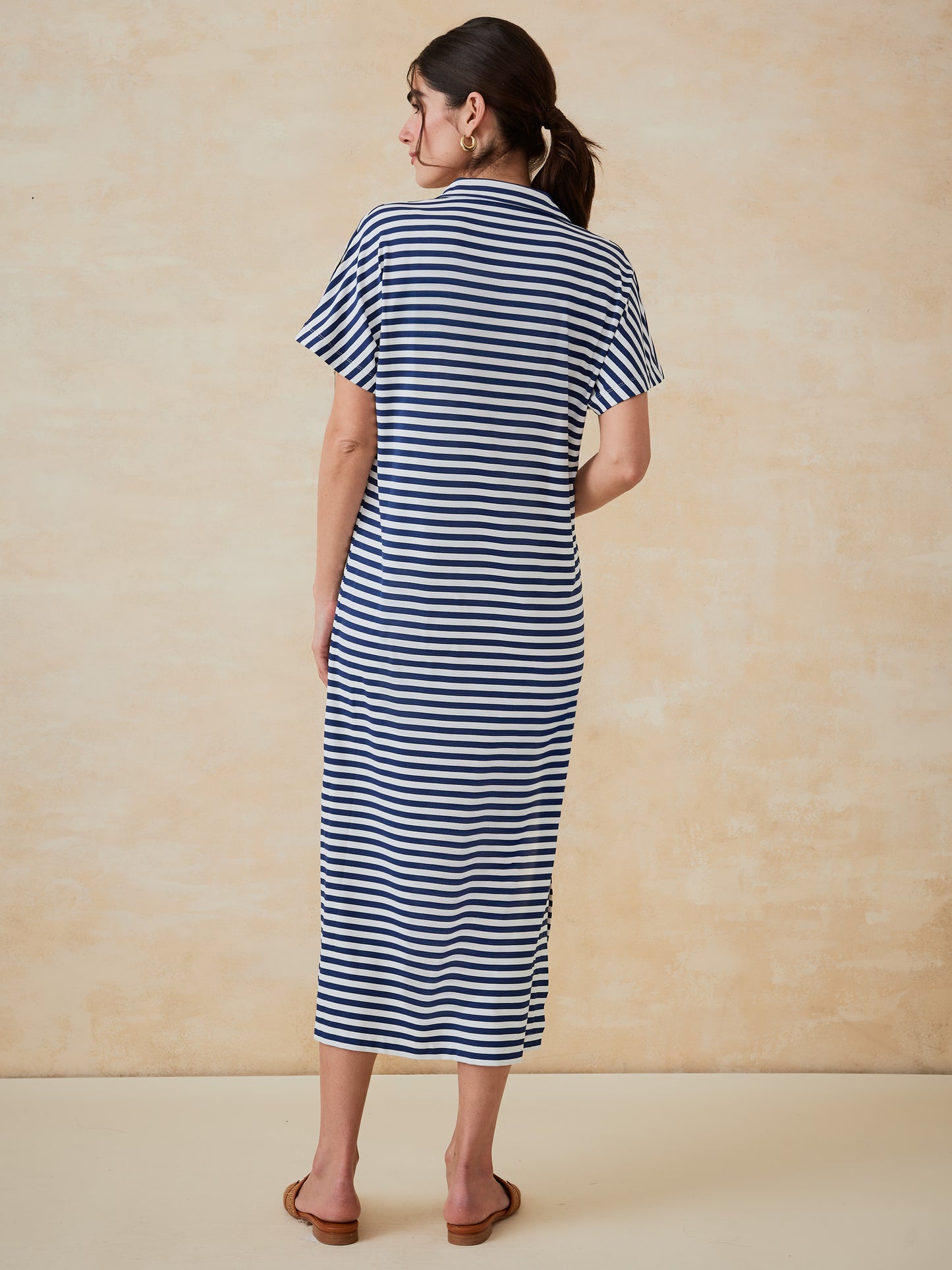J.McLaughlin Alder dress in white/light navy made with catalina cloth.