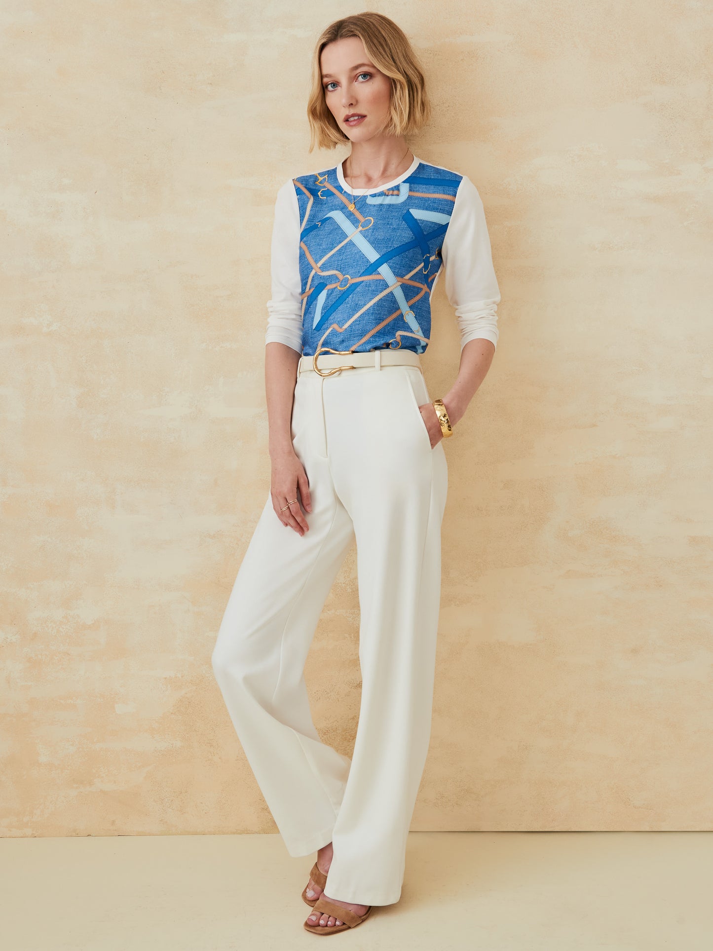 J.McLaughlin Alessandra top in denim/tan made with cotton/silk.