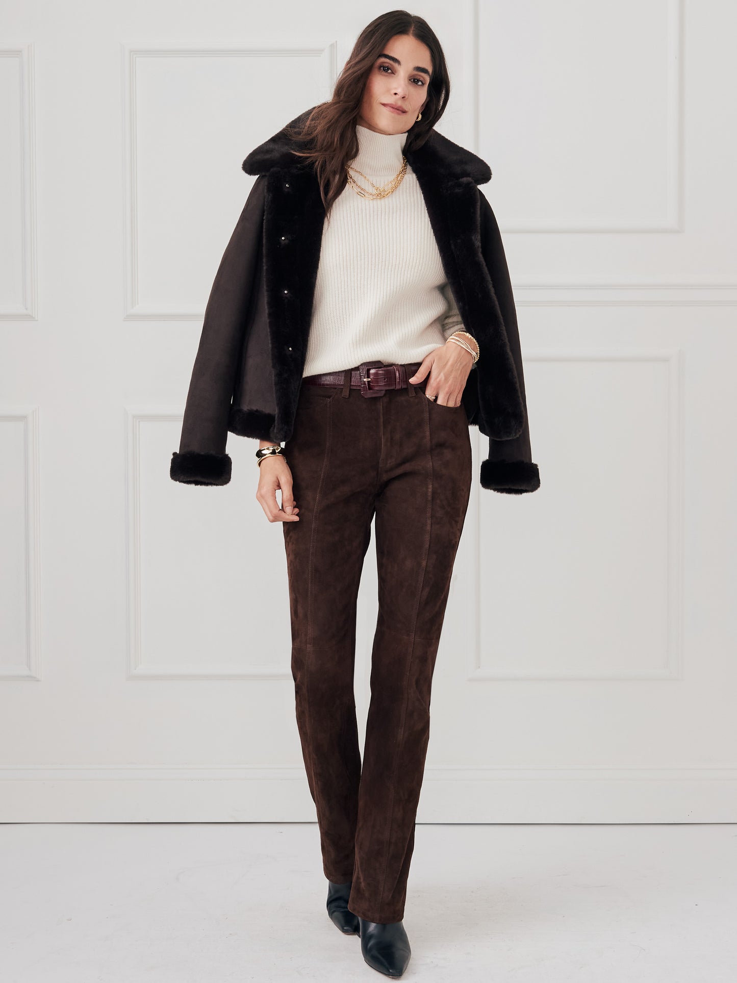 J.McLaughlin Clearwater pants in chocolate brown made with suede.