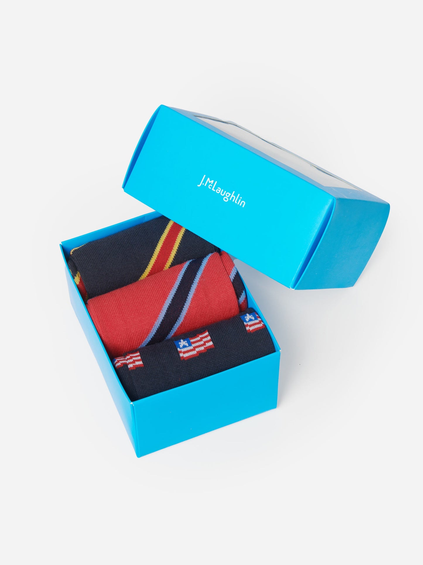 J.McLaughlin Sock Box in navy/red made with pima cotton fabric.