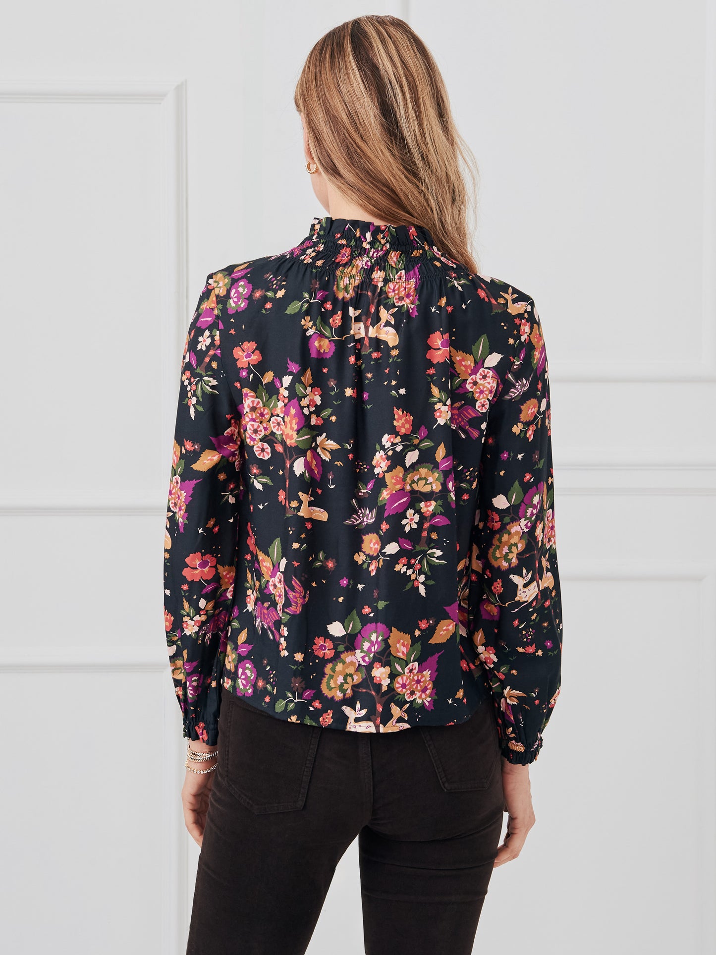 J.McLaughlin Antonia blouse in black/gold/purple made with tencel.