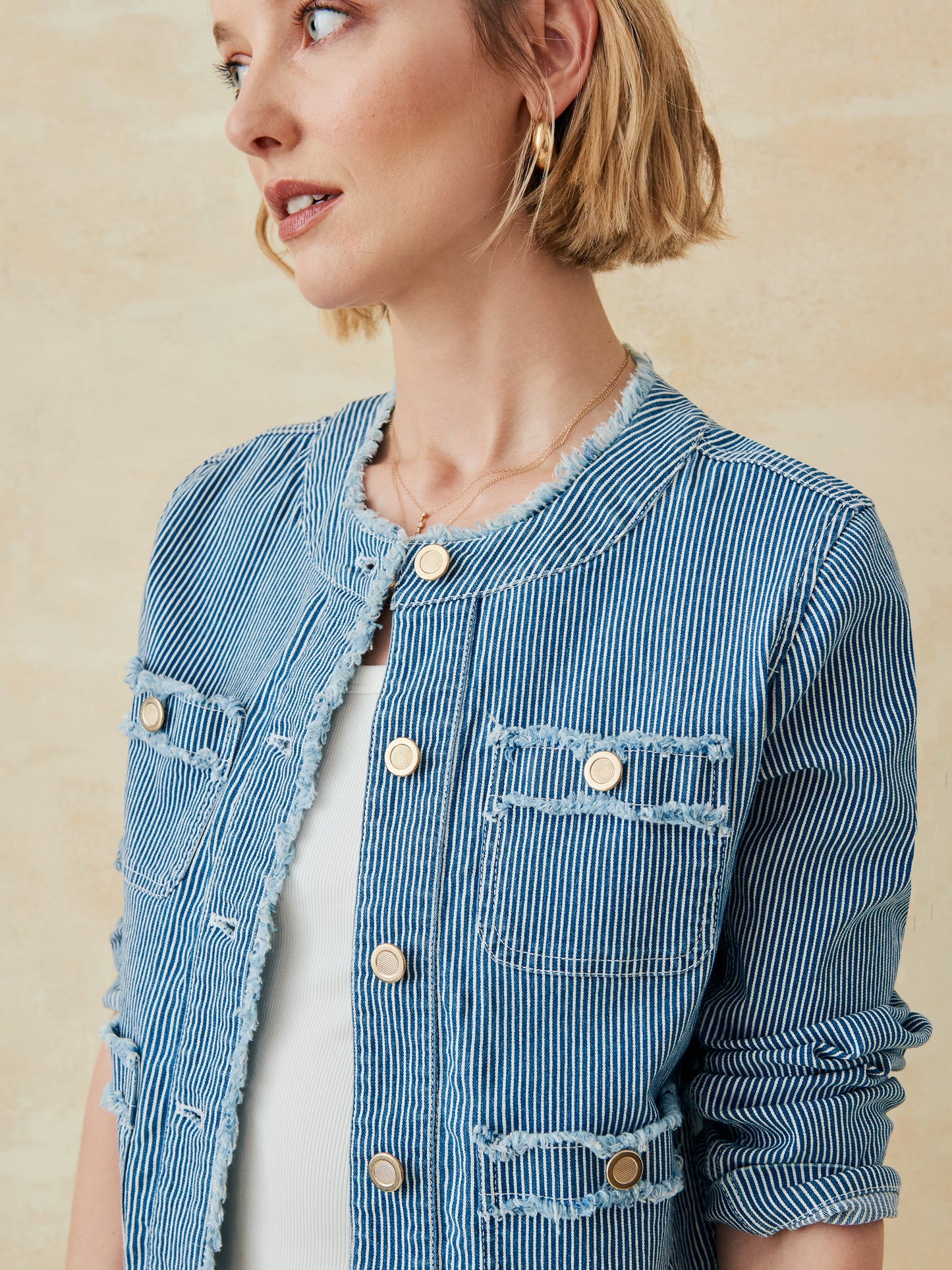 J.McLaughlin April jacket in denim made with cotton/polyester.