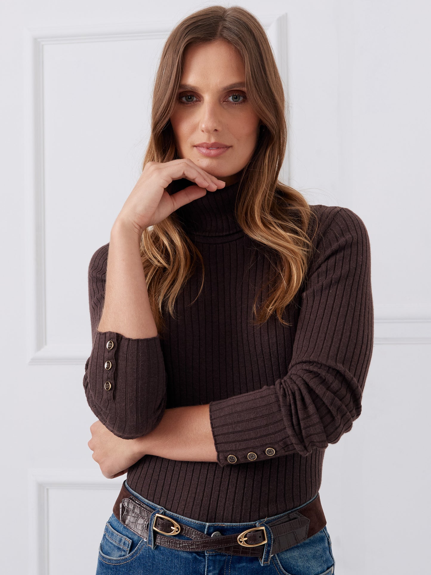 J.McLaughlin Arlette turtleneck in heather brown made with cotton/modal.