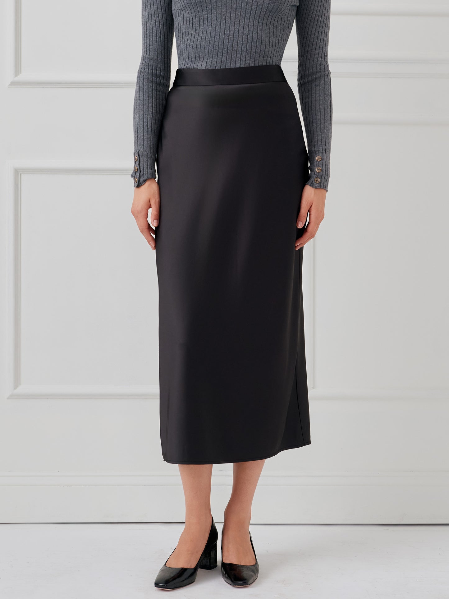 J.McLaughlin Zahara skirt in black made with poly satin.
