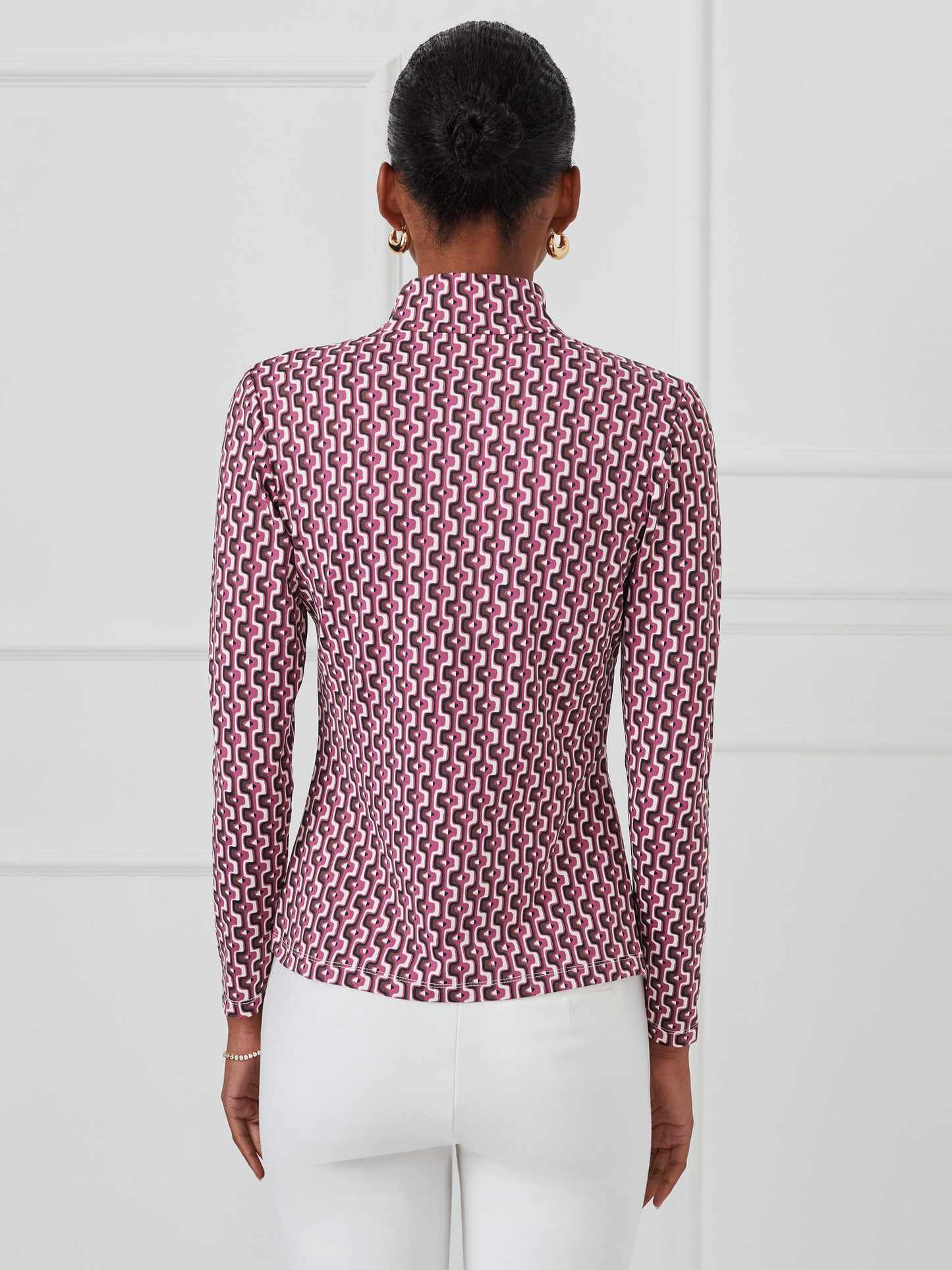 J.McLaughlin Bedford top in raspberry/brown made with catalina cloth.