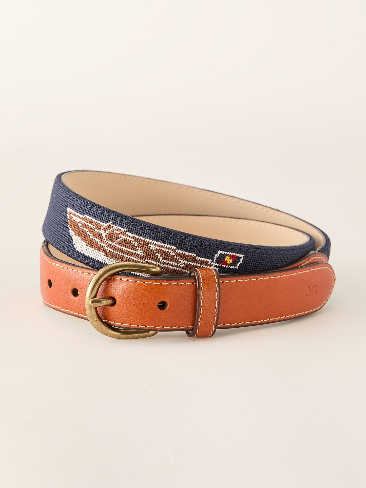 J.McLaughlin Needlepoint belt in navy made with leather and cotton needlepoint fabric.