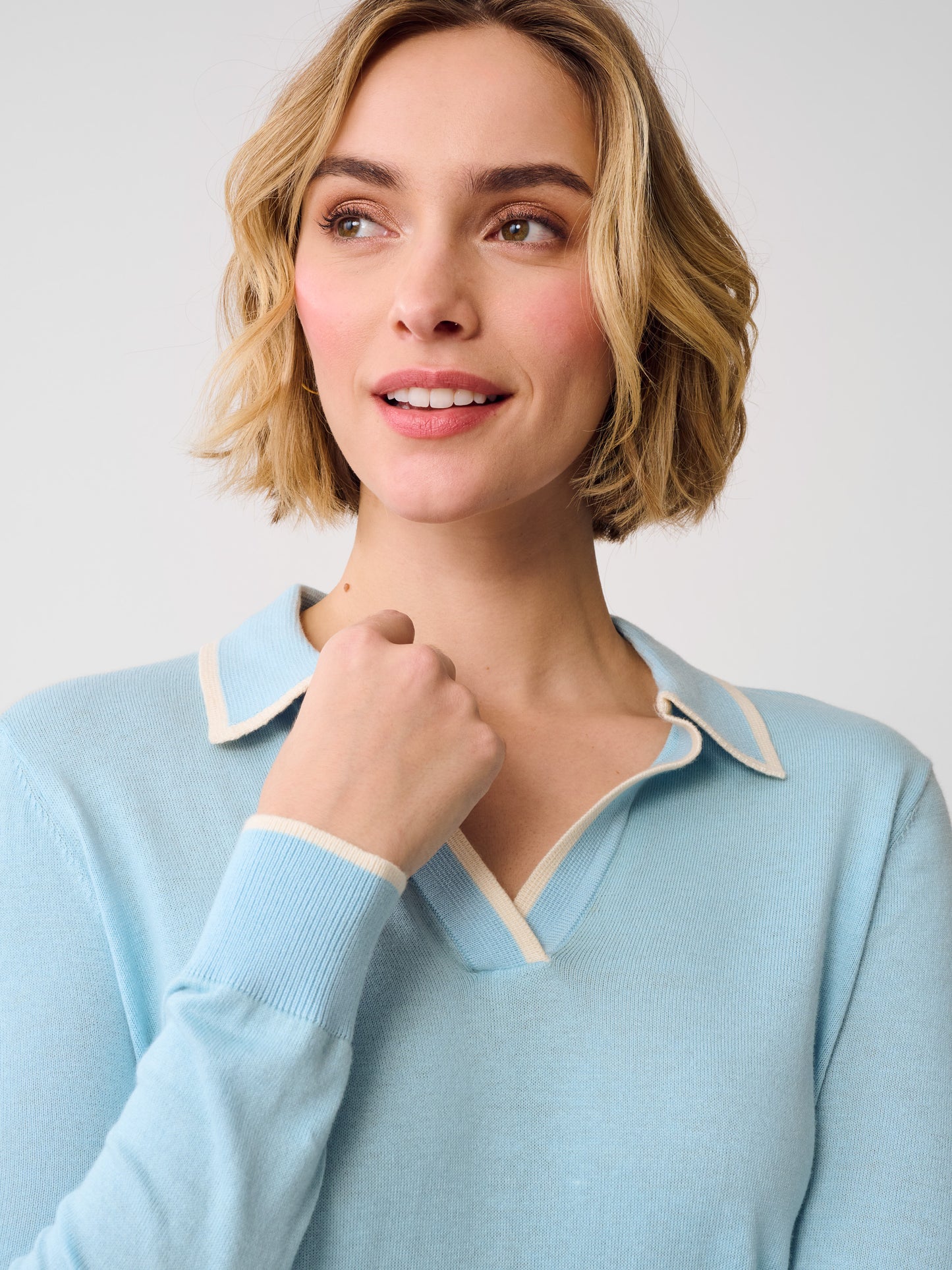J.McLaughlin Bettina sweater in light blue/off white made with Somerset yarn.