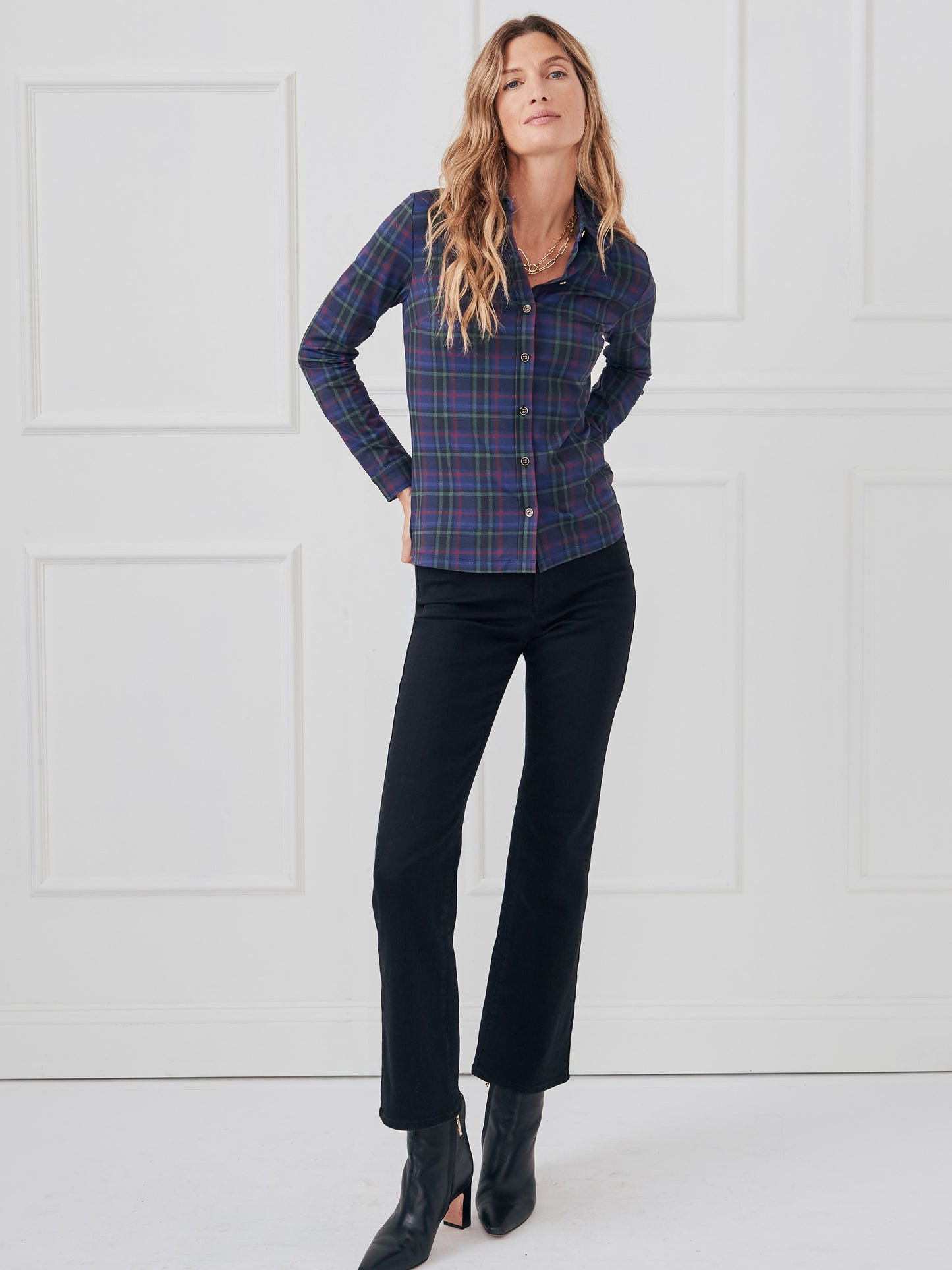 J.McLaughlin Betty shirt in plush plaid in navy/green/red made with catalina cloth.