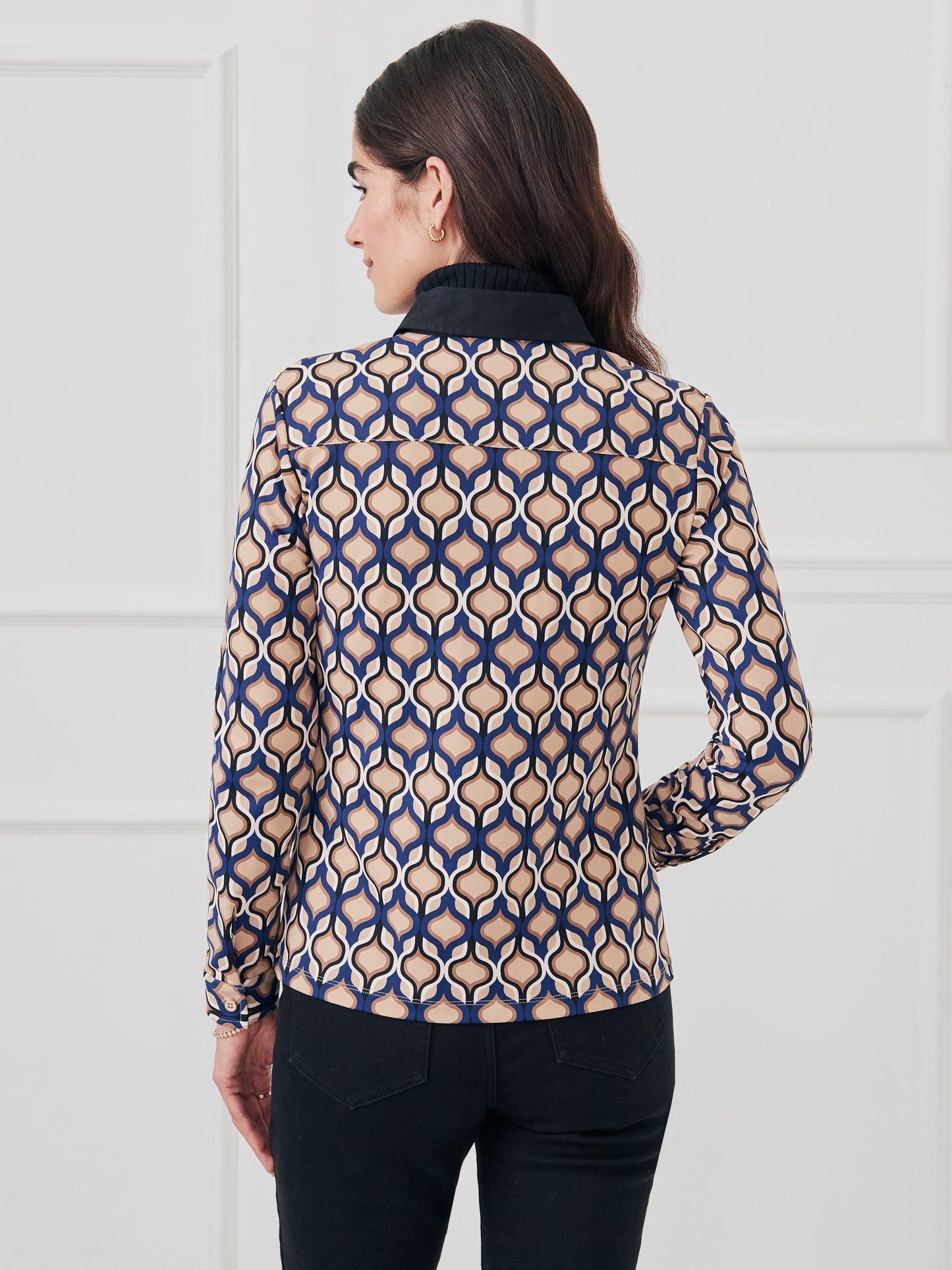 J.McLaughlin Betty shirt in brown/navy/tan made with catalina cloth.