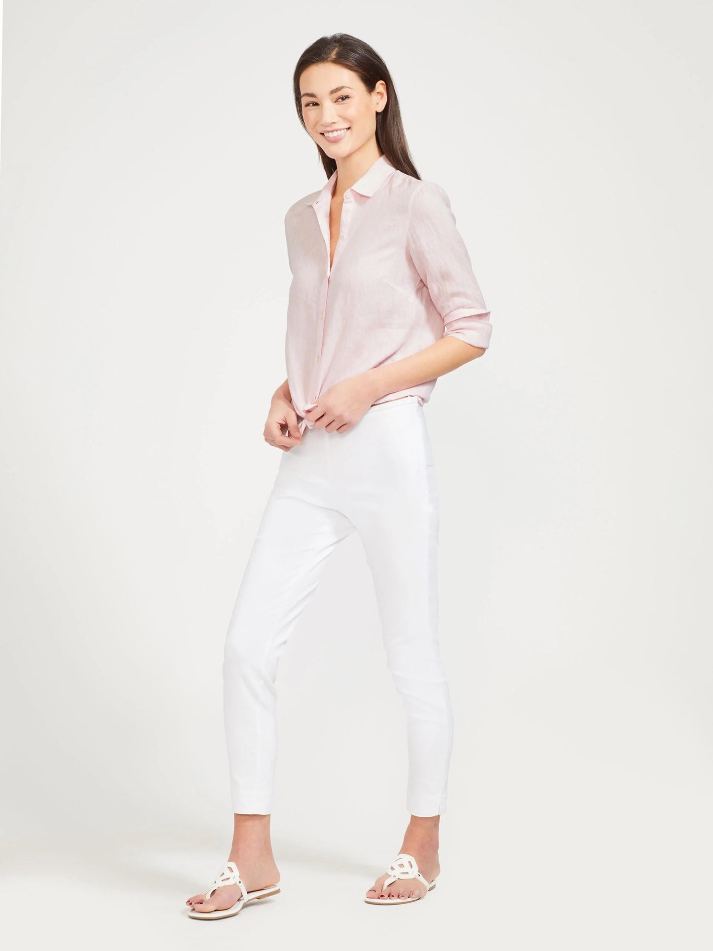 Model wearing J.McLaughlin Britt Linen Shirt in Light Pink made with Linen