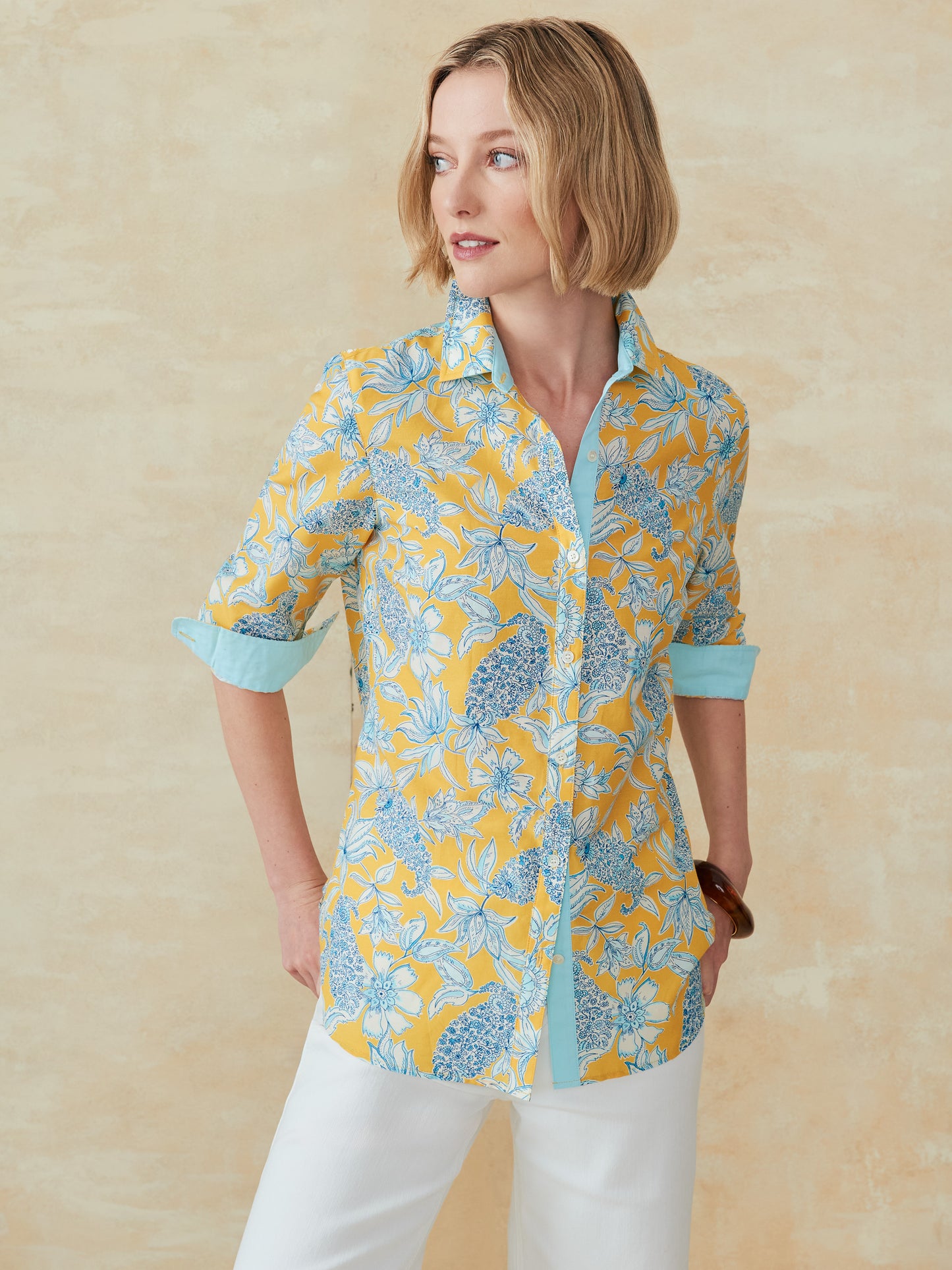 J.McLaughlin Britt shirt in yellow/blue/off white in silk/cotton.