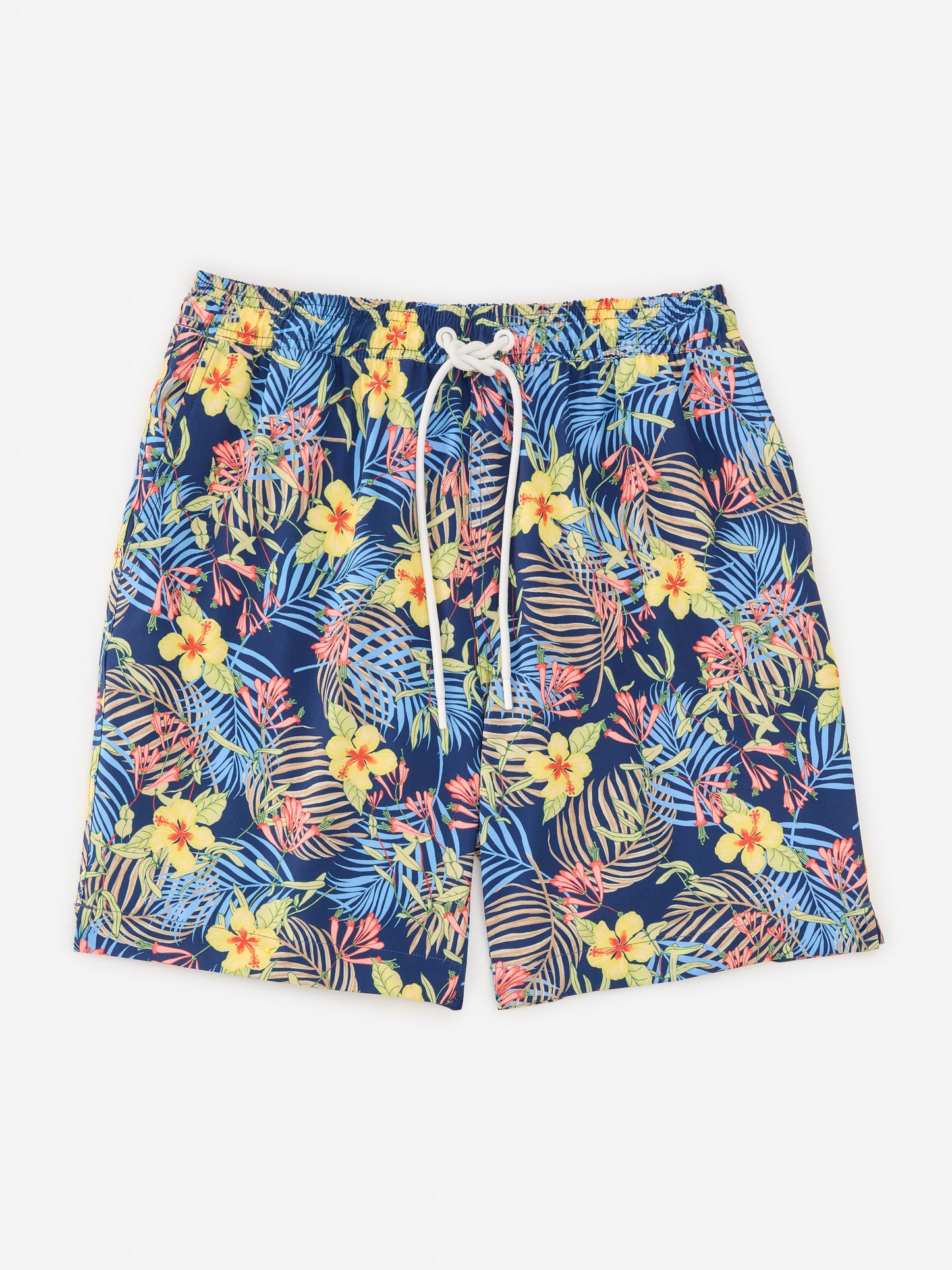 J.McLaughlin Bruce swim trunks in navy/multi made with polyester/spandex.
