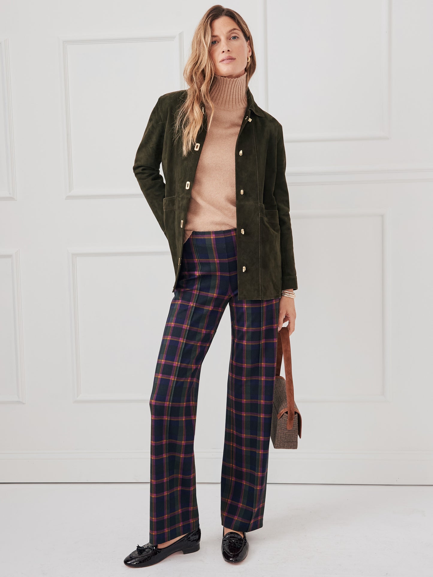 J.McLaughlin Calder pants in navy/plum/gold made with bainbridge cloth.
