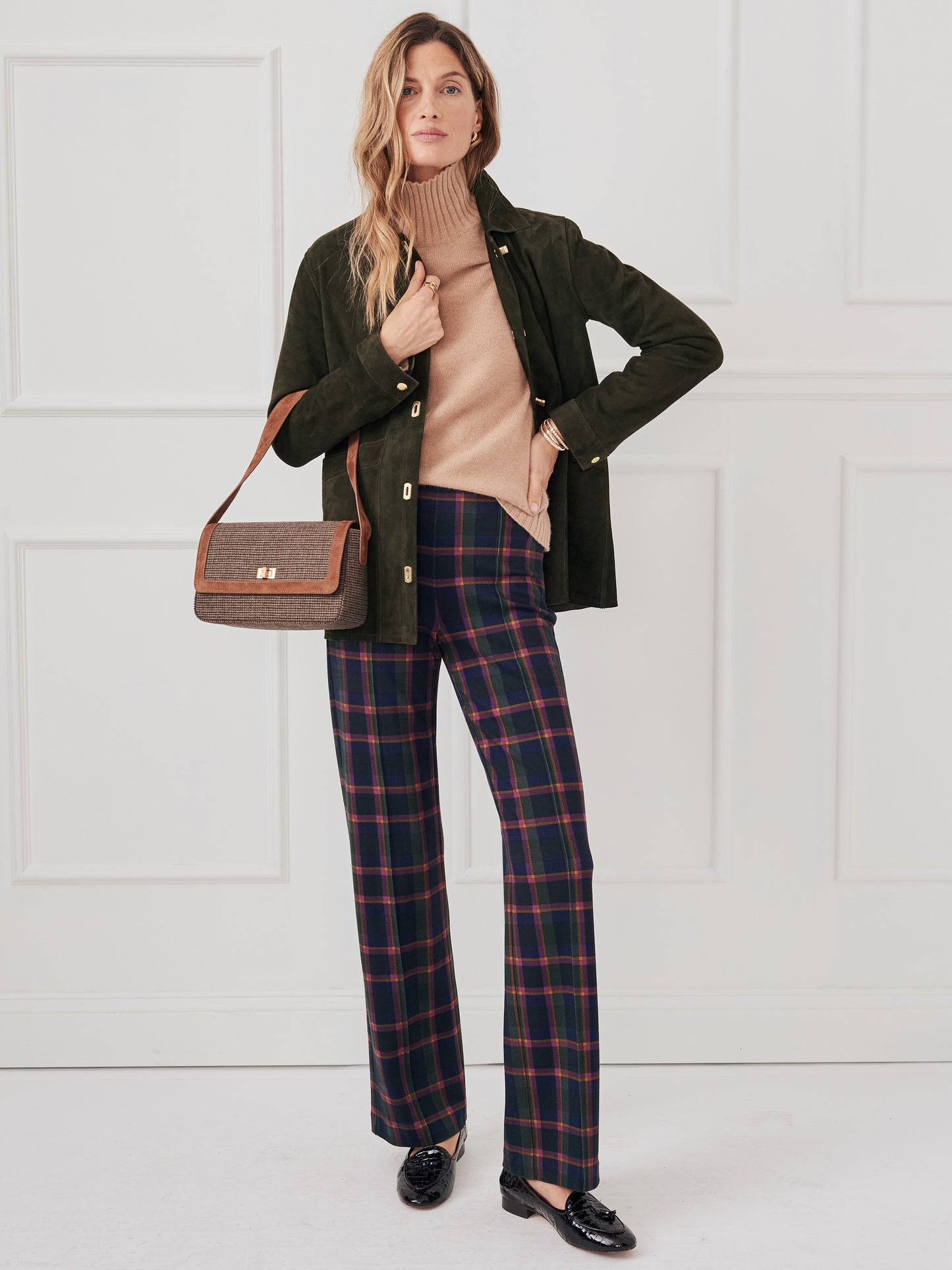 J.McLaughlin Laasya handbag in dark brown/multi with tweed/suede.