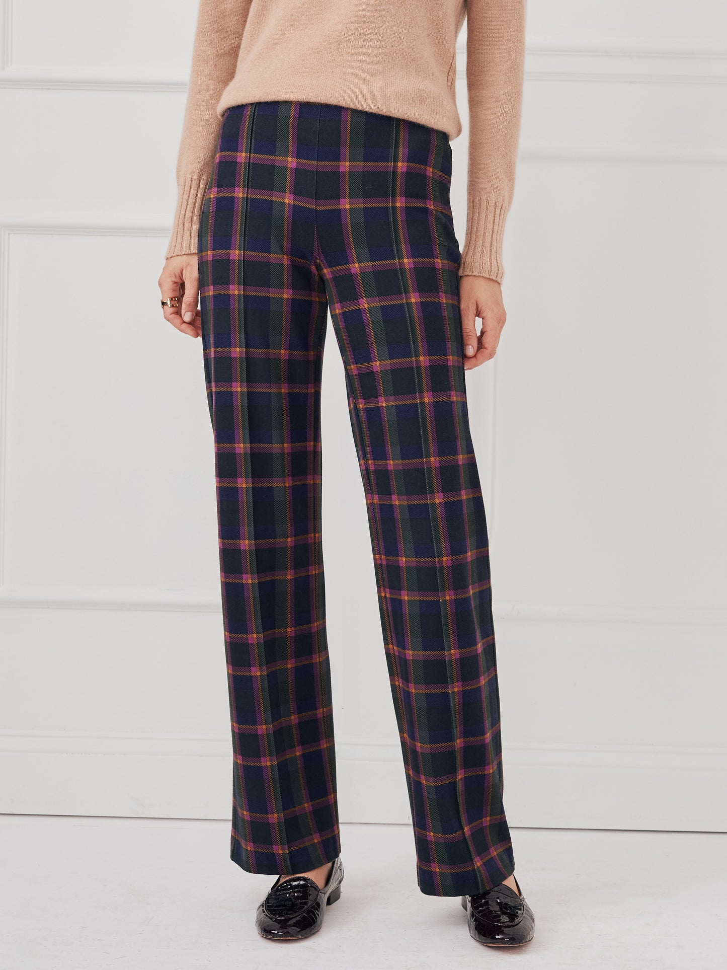 J.McLaughlin Calder pants in navy/plum/gold made with bainbridge cloth.