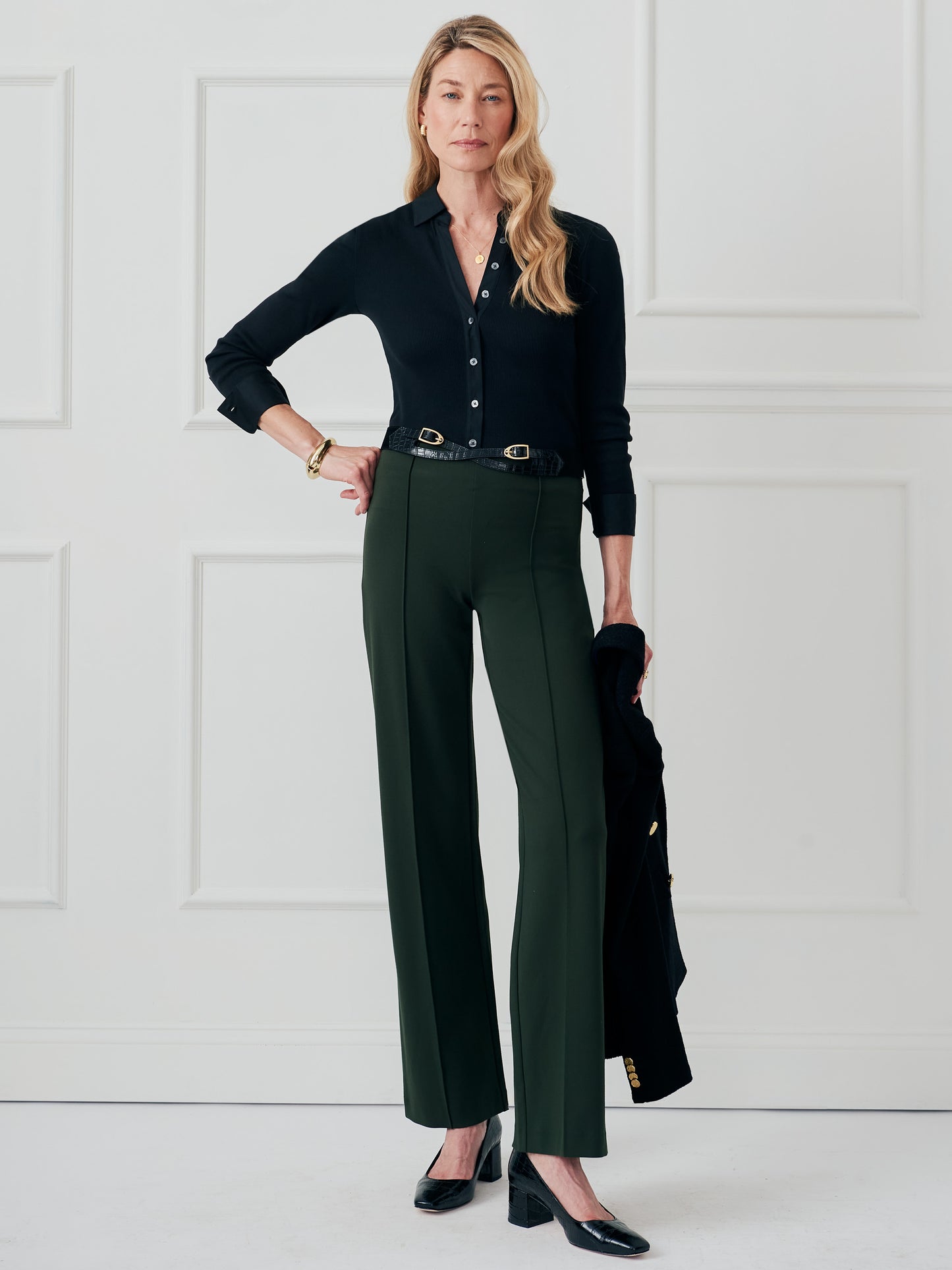 J.McLaughlin Calder pants in dark olive made with bainbridge cloth.