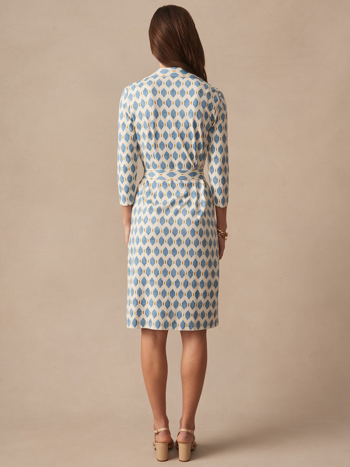 J.McLaughlin Calla dress in light blue/gold made with catalina cloth.