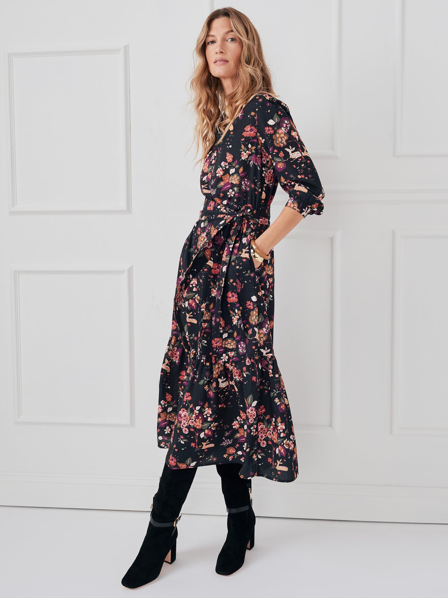 J.McLaughlin Cerina dress in black/gold/purple made with polyester.