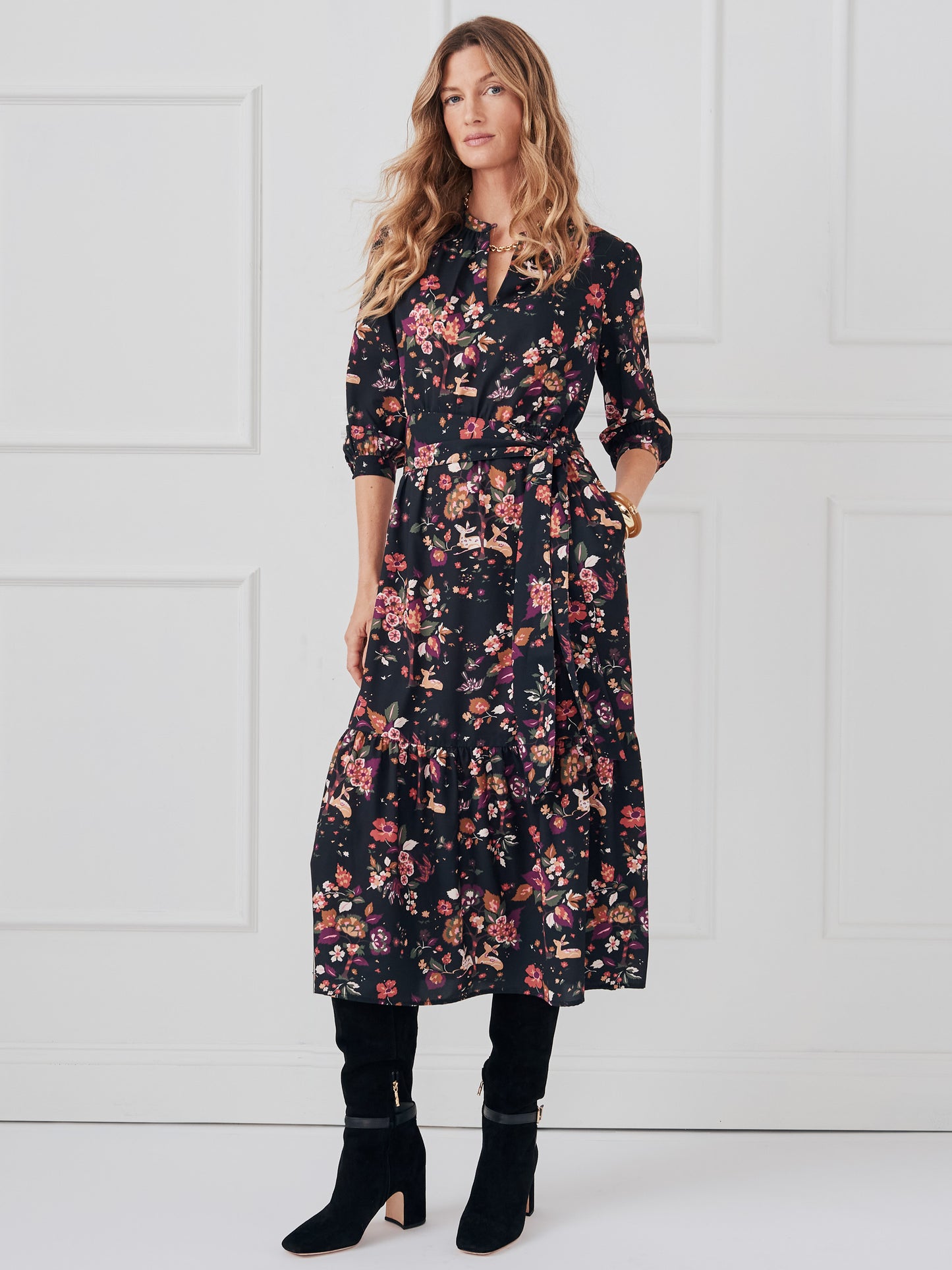 J.McLaughlin Cerina dress in black/gold/purple made with polyester.