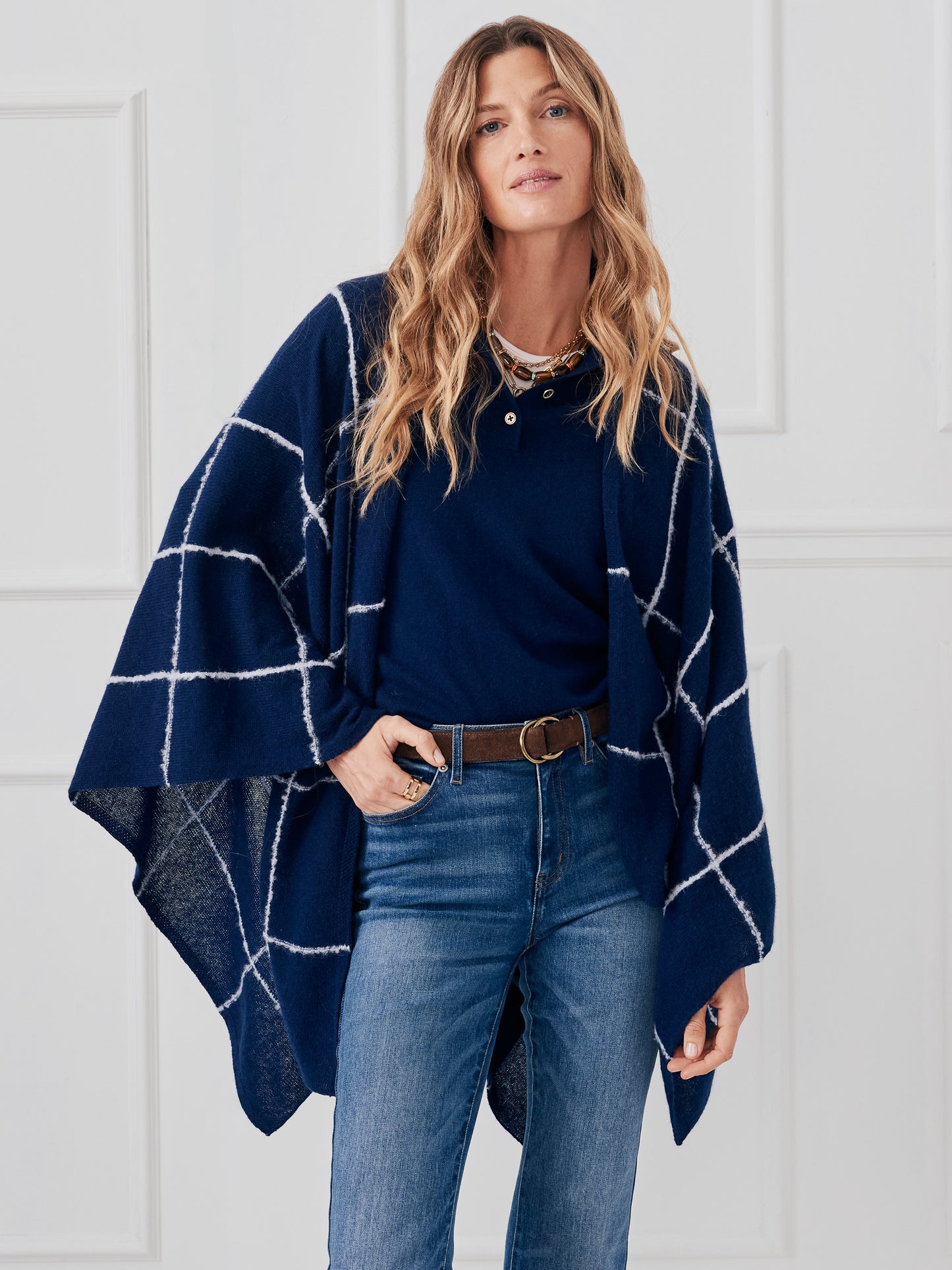 J.McLaughlin Chantal wrap in navy/light blue made with cashmere.