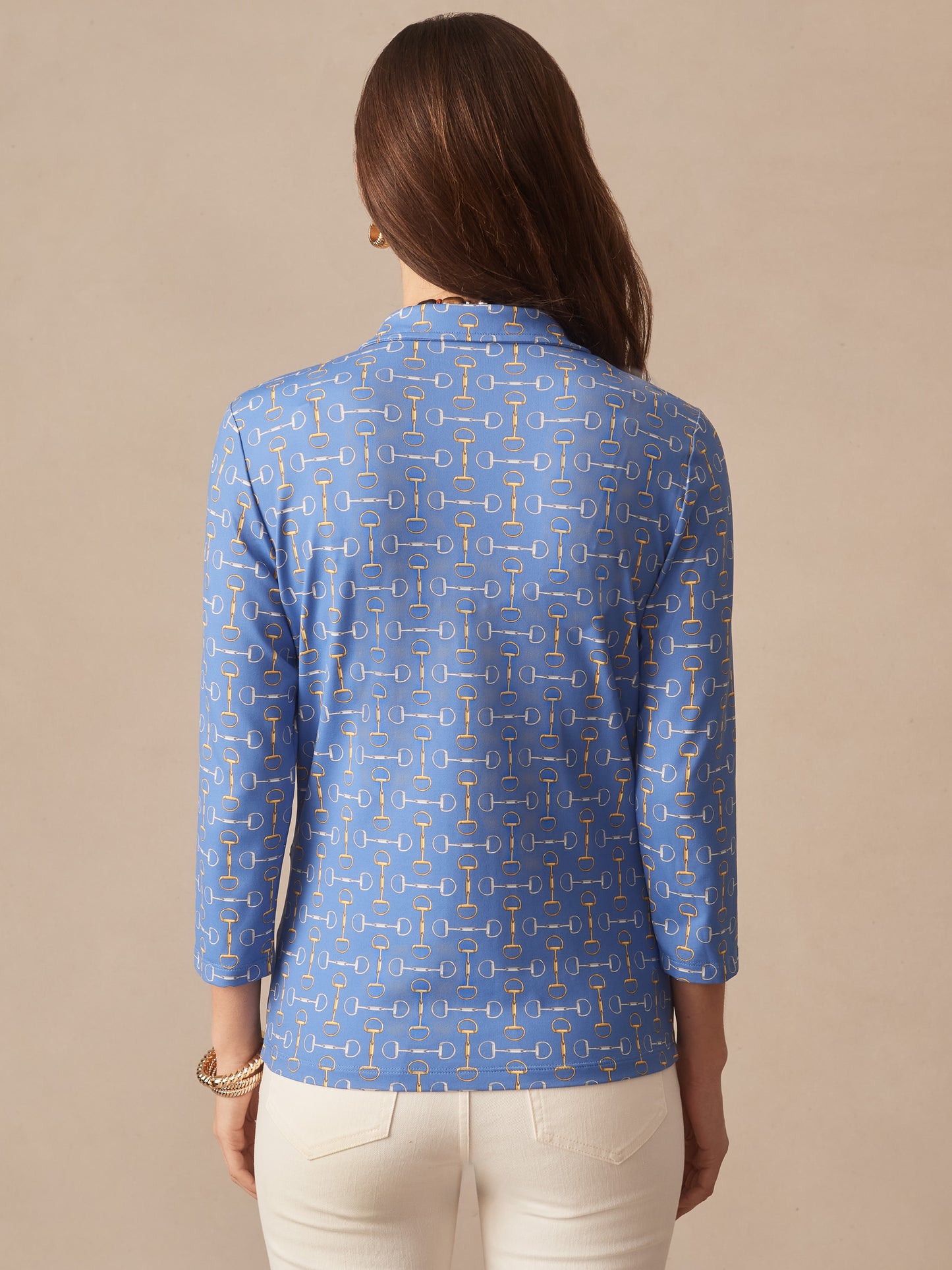 J.McLaughlin Court top in blue/gold made with catalina cloth.