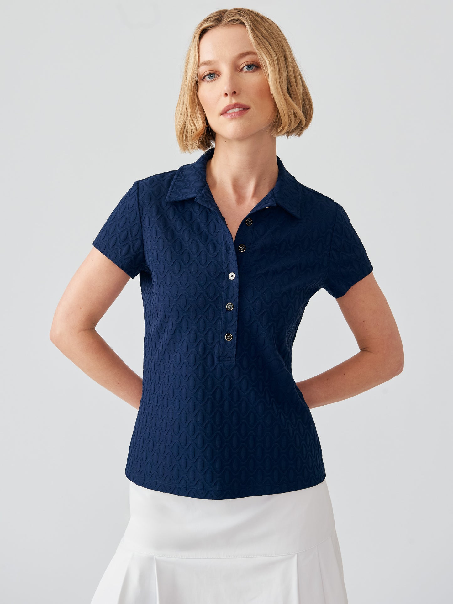 J.McLaughlin Court polo in navy made with Catalina cloth.